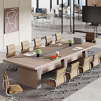 142" Conference Table for 10 to 12 People, Rectangular Boardroom Meeting Table with Dual Cable Management Boxes & 1.6" Thick Walnut Top