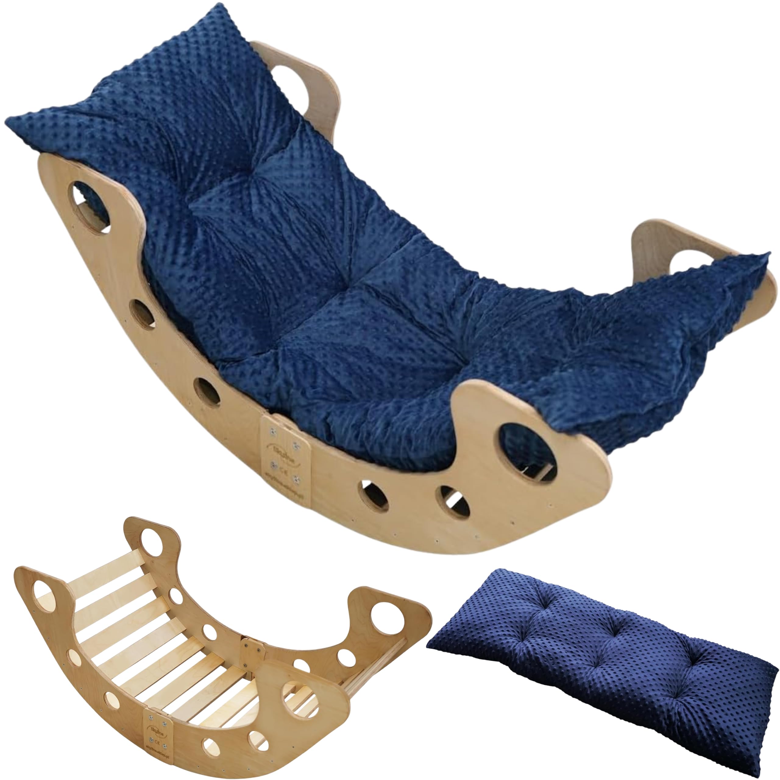 Skyline Altalene di equilibrio in legno tunnel gioco arco da arrampicata montessoriano per bambini fatto a mano dondolo montessori scivolo con altalena con cuscino XXL Blu Navy