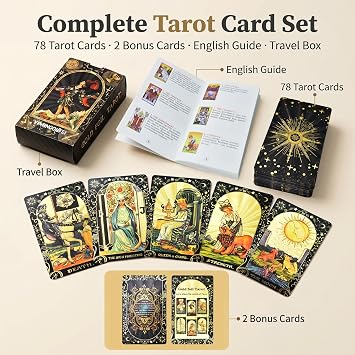 Black & Gold Foil Tarot for Beginners, 78 Cards, Major Arcana | Luxury finish with included guide and elegant travel box
