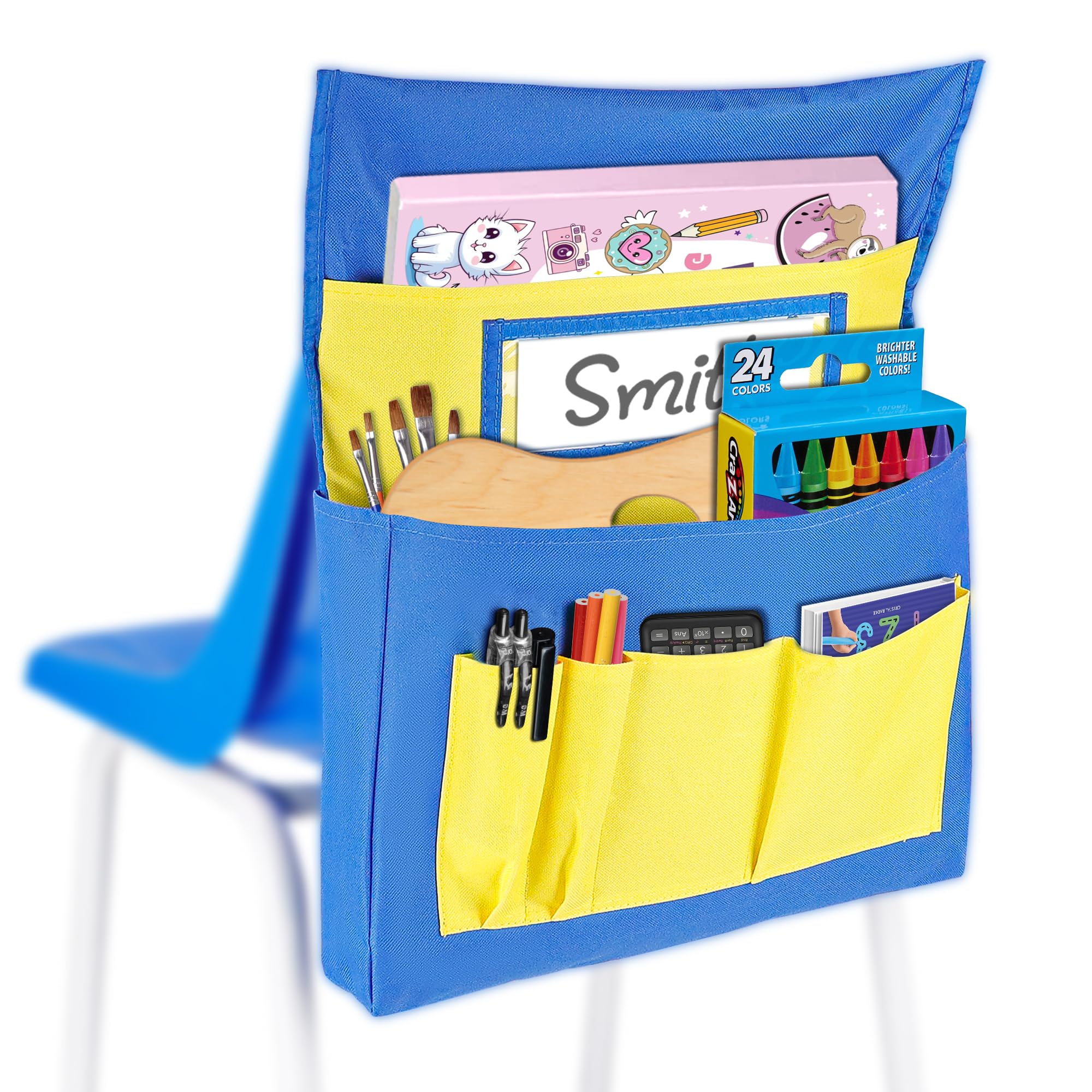ZKOO Chair Back Pocket, Chairback Buddy Pocket Chart School Seat Chair Storage Pocket Organizer with Label Slot 6 Pockets for School Home, Group Team Organizers (Blue + Yellow)