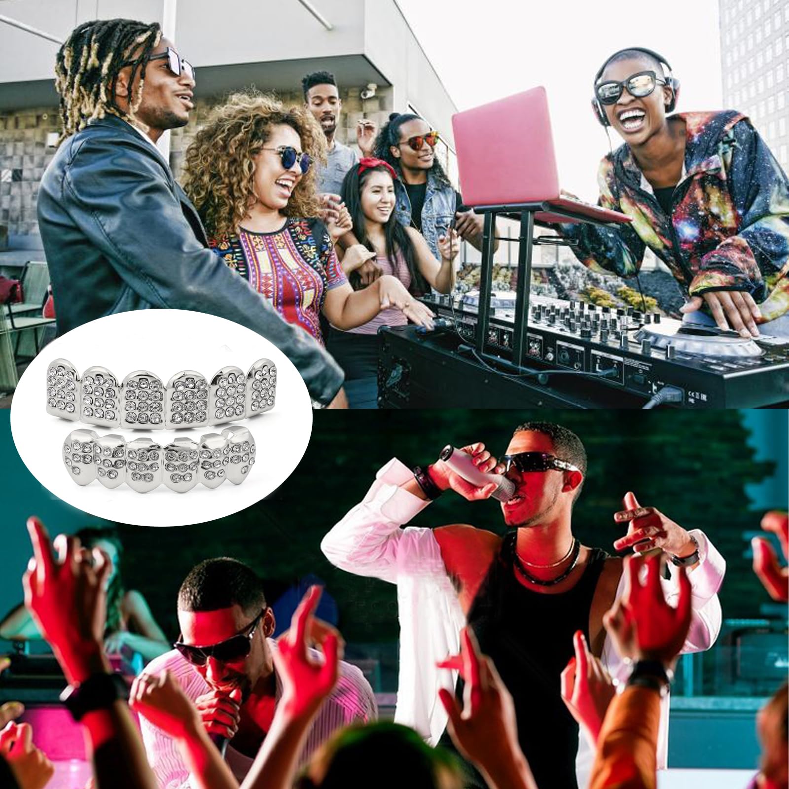 Hip Hop Grillz, zęby hip-hopowe na Halloween, grille dentystyczne, z 2 silikonowymi formami, idealne na festiwale muzyczne, pokazy mody, Halloween, imprezy, cosplay
