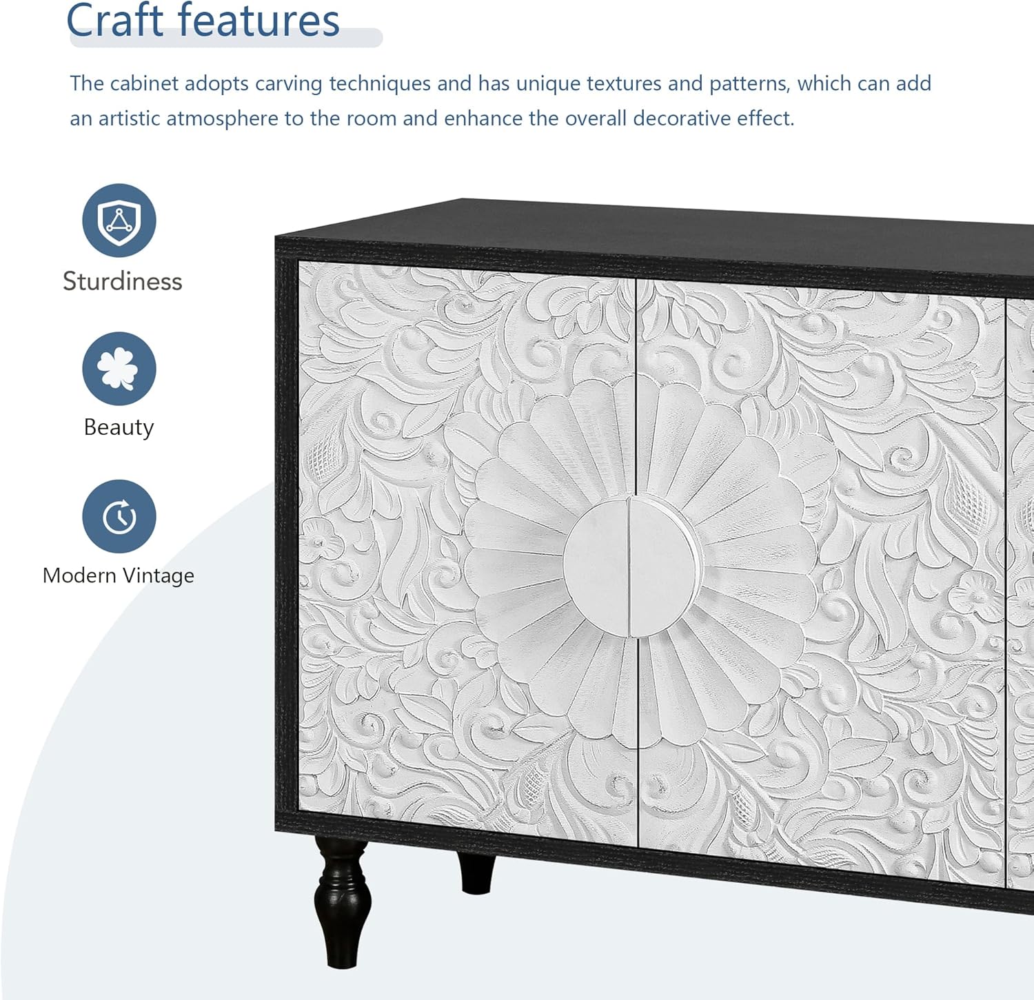 Favfurish Vintage White Carved Flower Symmetrical Design Door,Black Coloured Frame,Multifunction TV Stand Table,Sideboards,Accent Cabinets,for Living Room,Entryway,Kitchen
