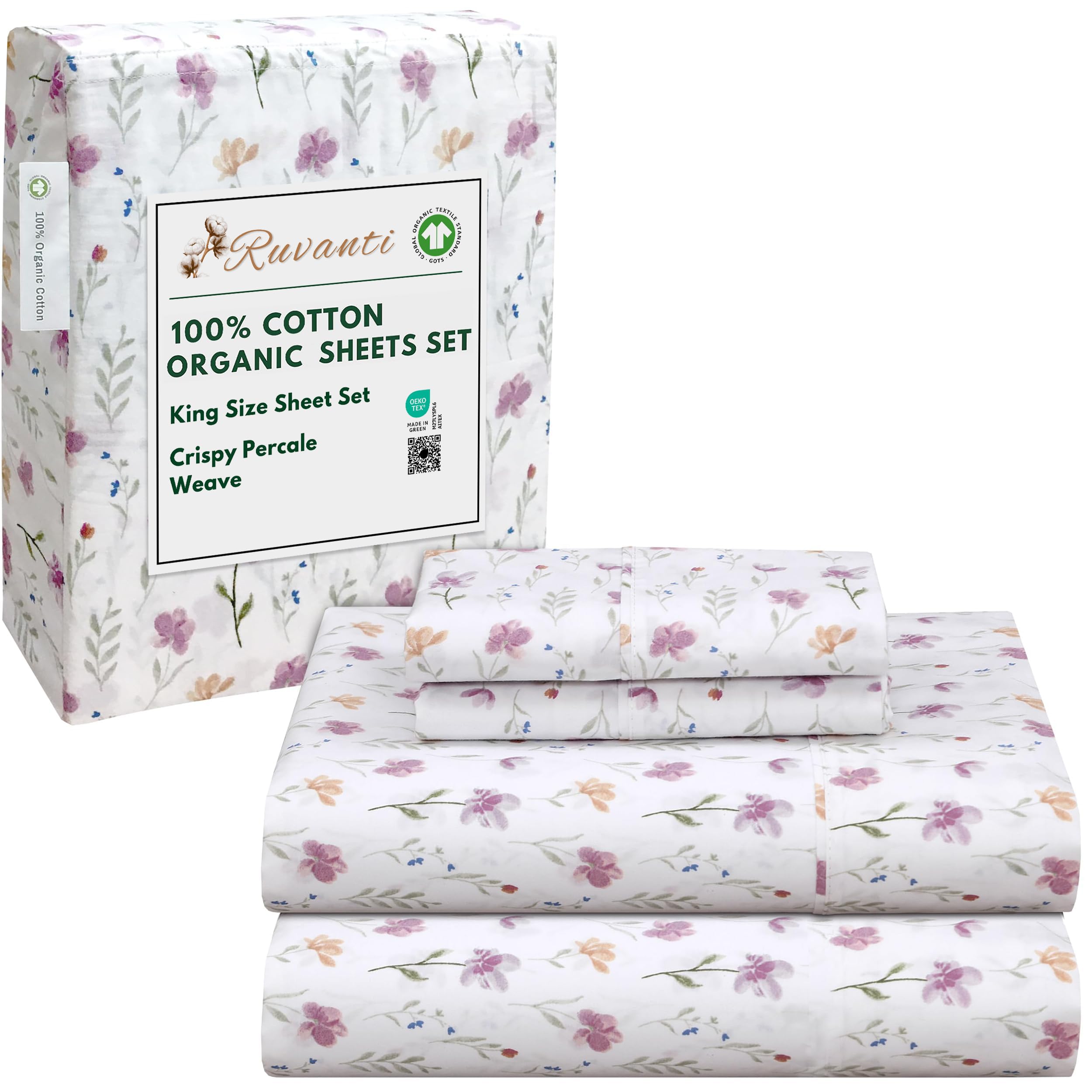 RUVANTI 100% Organic Cotton Sheets King Size, Percale Weave, GOTS Certified, 4-Piece Set, Deep Pocket 15", Crisp & Breathable, Soft Durable Bedding, Sábanas Algodón Orgánico – Obsessed Stems