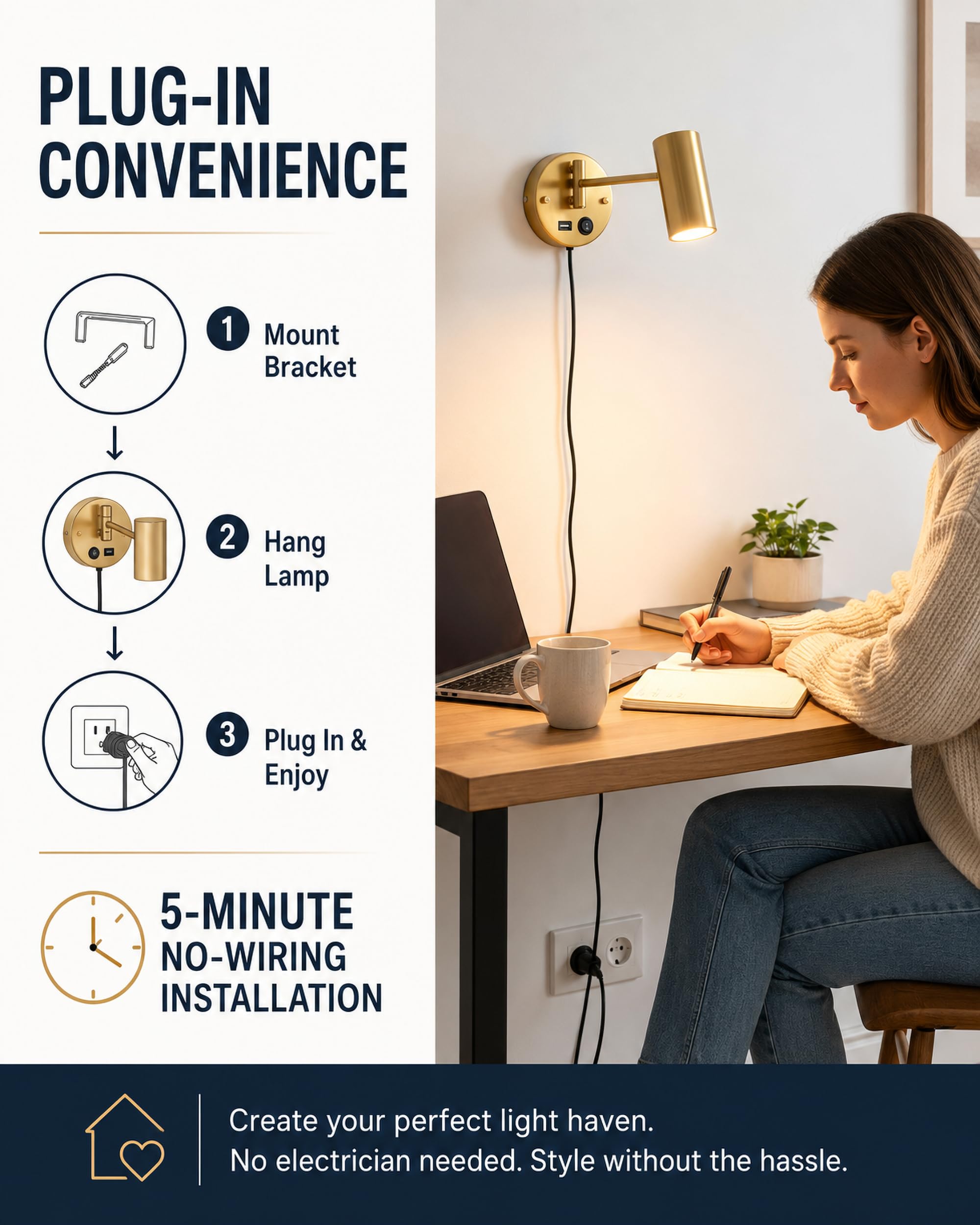 Wandleuchte mit Stecker und Schalter, Leselampe Wand Gold mit USB Ladeport, Schwenkarm Wandlampe E27 mit 150cm Kabel, 3000K Warmweiß Nachttischlampe für Schlafzimmer Wohnzimmer