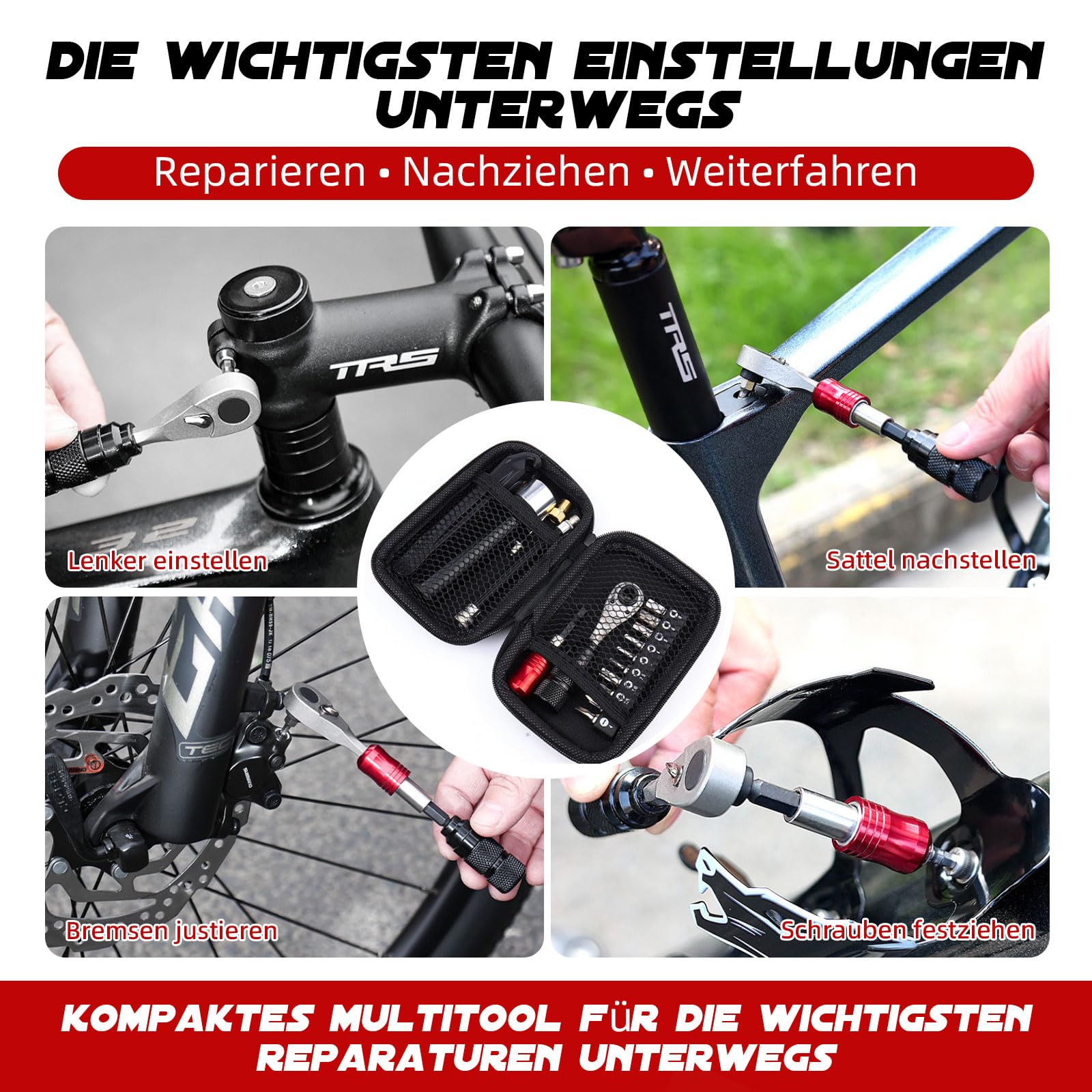 Fahrrad Reparaturset mit Mini Pumpe, Ratschen-Schlüssel, 10 Bits, Reifenflickset & Werkzeugtasche – Fahrrad Notfallset für unterwegs (AV-Ventil mit Presta Adapter) (Schwarz)