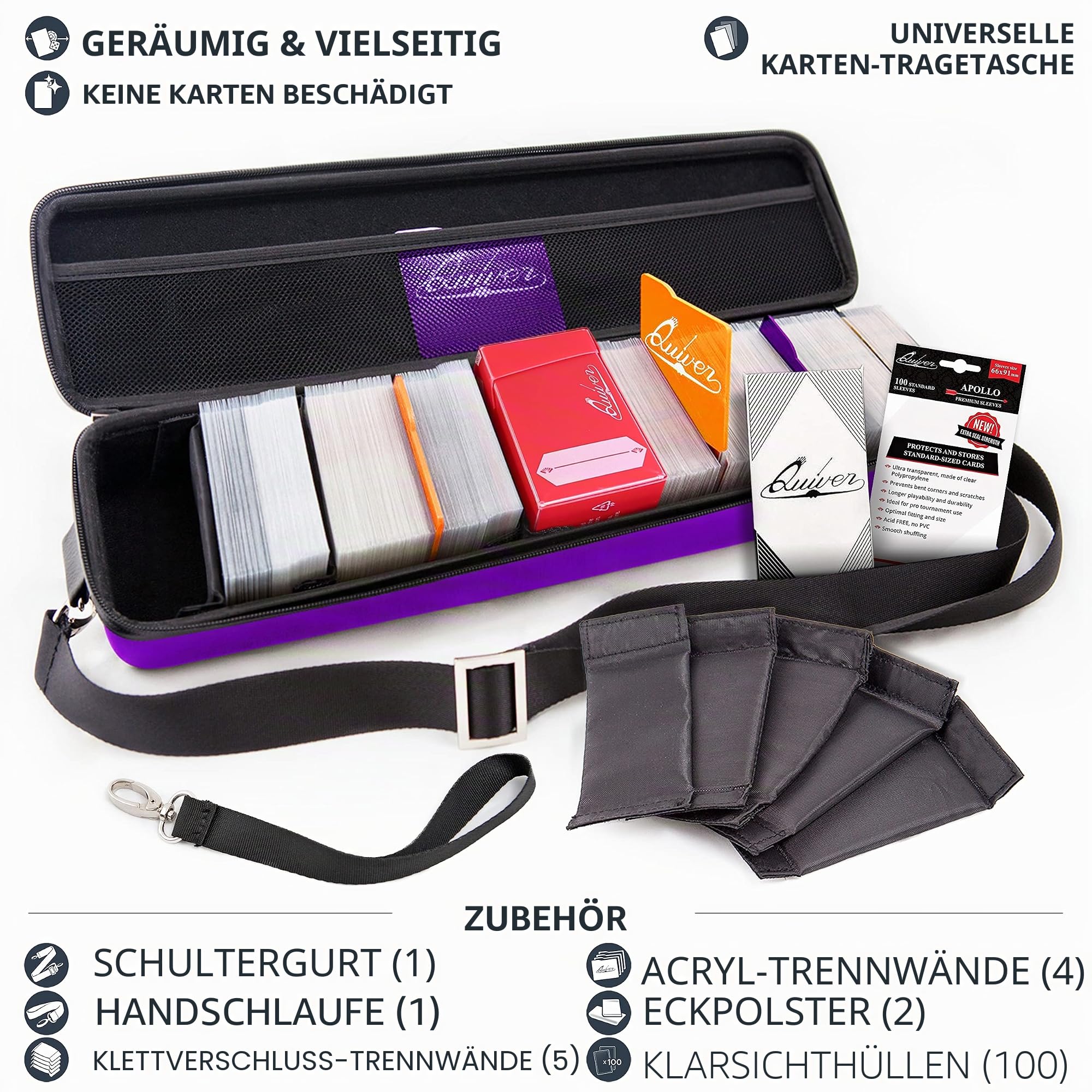 Quiver Time Violette Sammelkarten-Tragetasche, TCG Deckbox-Tasche | Platz für 1.350+ Karten, PU-Leder, verstellbare Klett-Trennwände, Schultergurt, 100 Apollo Hüllen, für MTG Commander
