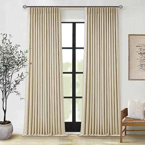 Miniatura 98 de Cortinas de lino 100% opacas de 90 pulgadas con pliegues de 2 paneles para sala de estar, con pestaña trasera plisada, cortinas oscuras con forma de