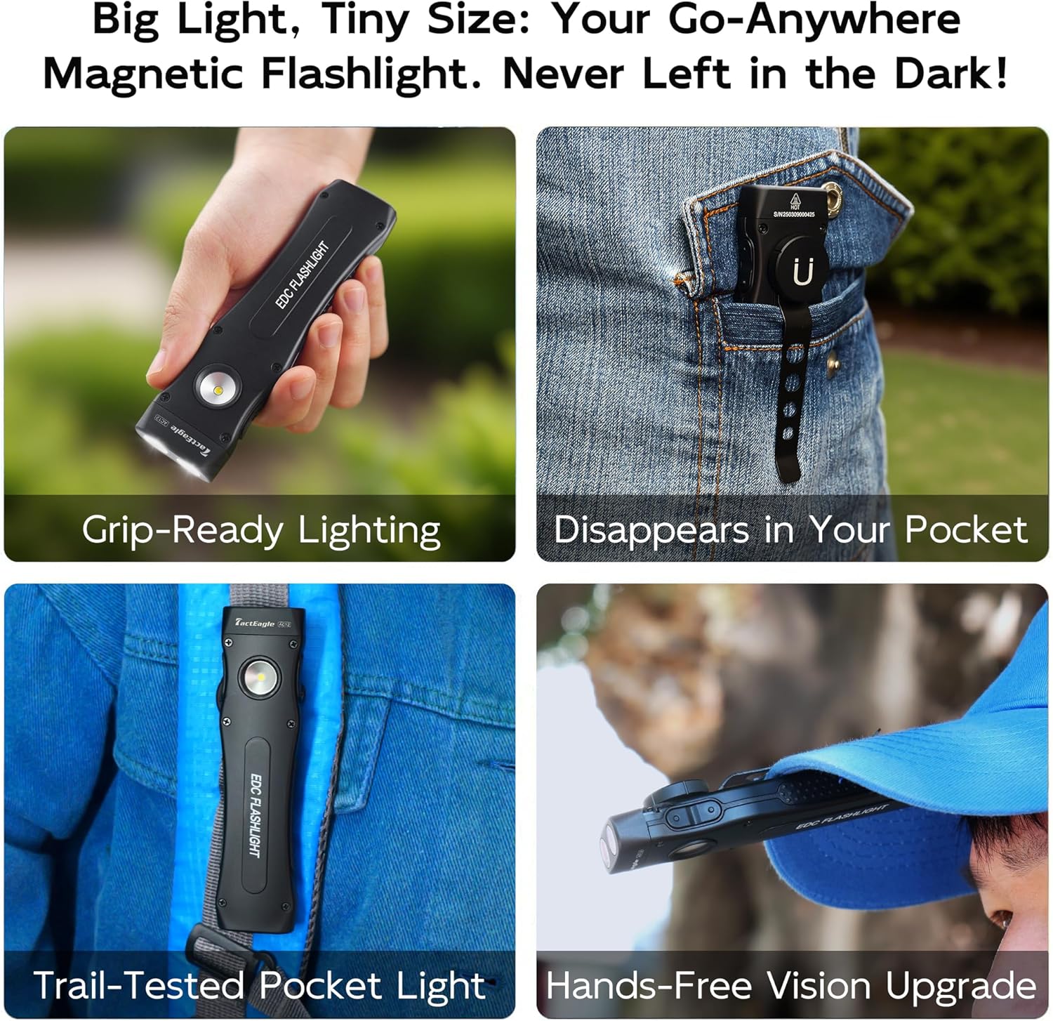 EDC Flashlight, Flat Flashlight with Magnetic 1100 Lumens, USB-C Rechargeable, IP54 Waterproof, Hands-Free for Working, Mechanic, Emergency, Repair, Black