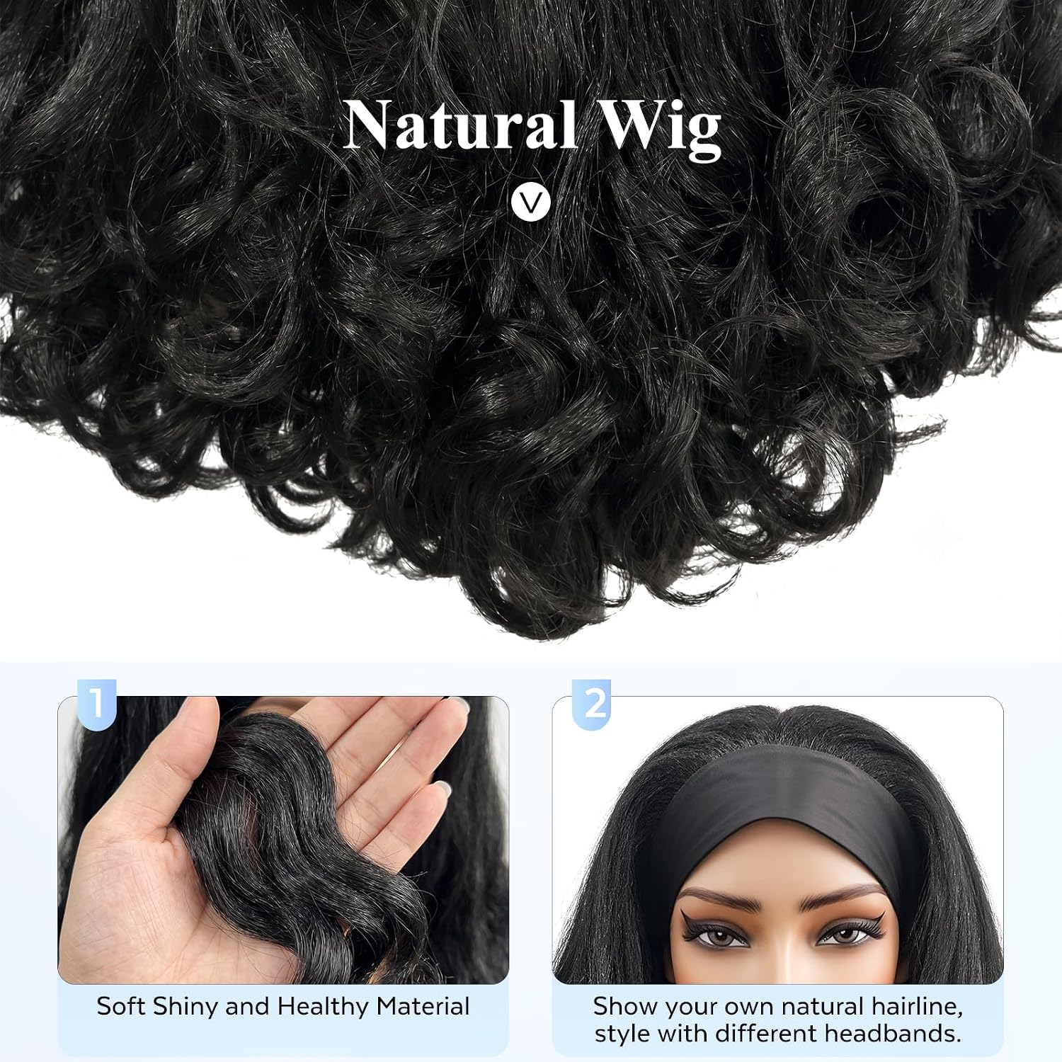 Yaki Curly Headband Wig Kinky Curly Half Wig Synthetic Wigs for Black Women 180% Density Wear and Go Glueless Wig with Curly Ends, Headbands Attached, #1B Black, 16 Inch