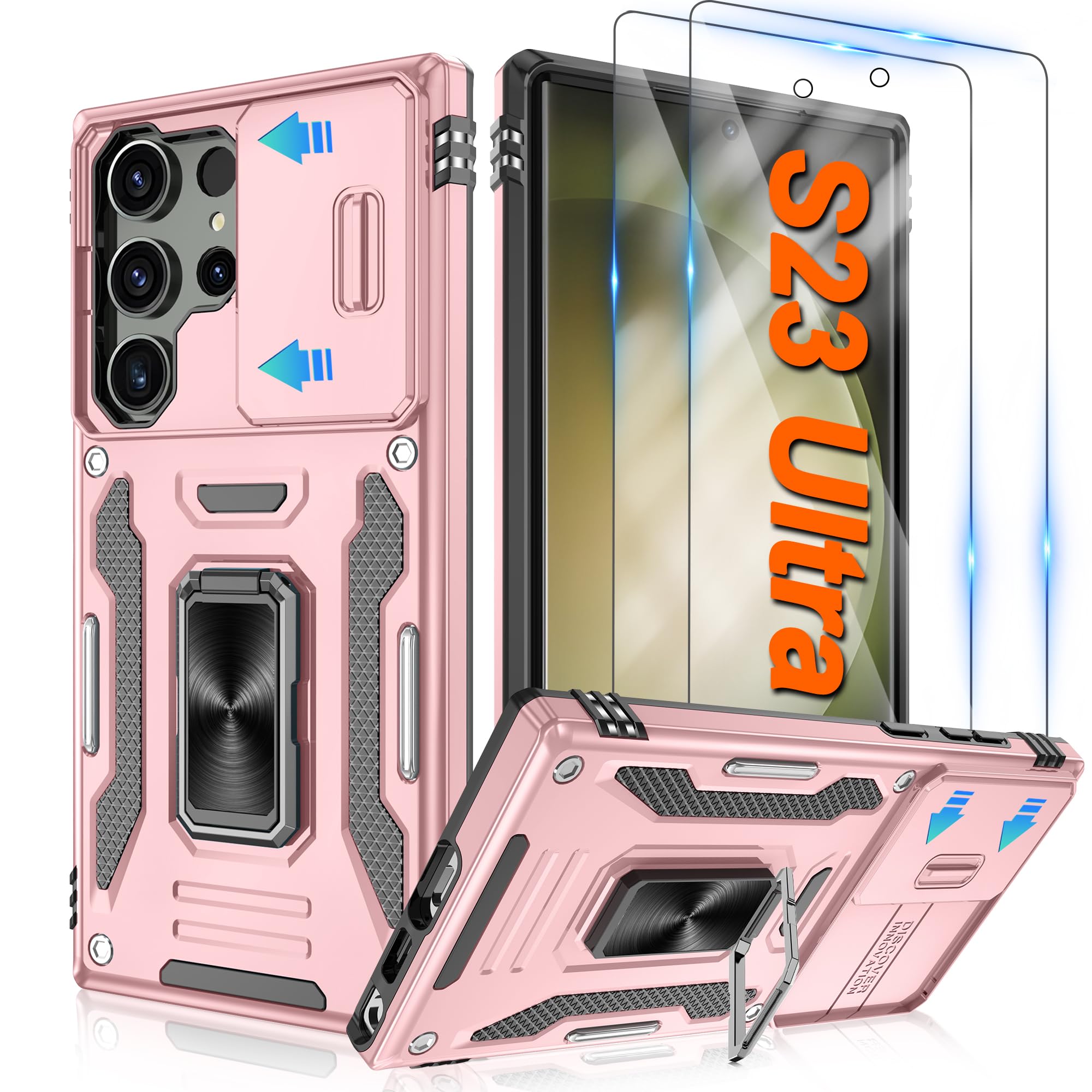 ATUMP for Samsung Galaxy S23 Ultra Case with [2 Pack] HD Screen Protector & Slide Camera Cover, 360° Rotation Ring Kickstand [Military Grade]