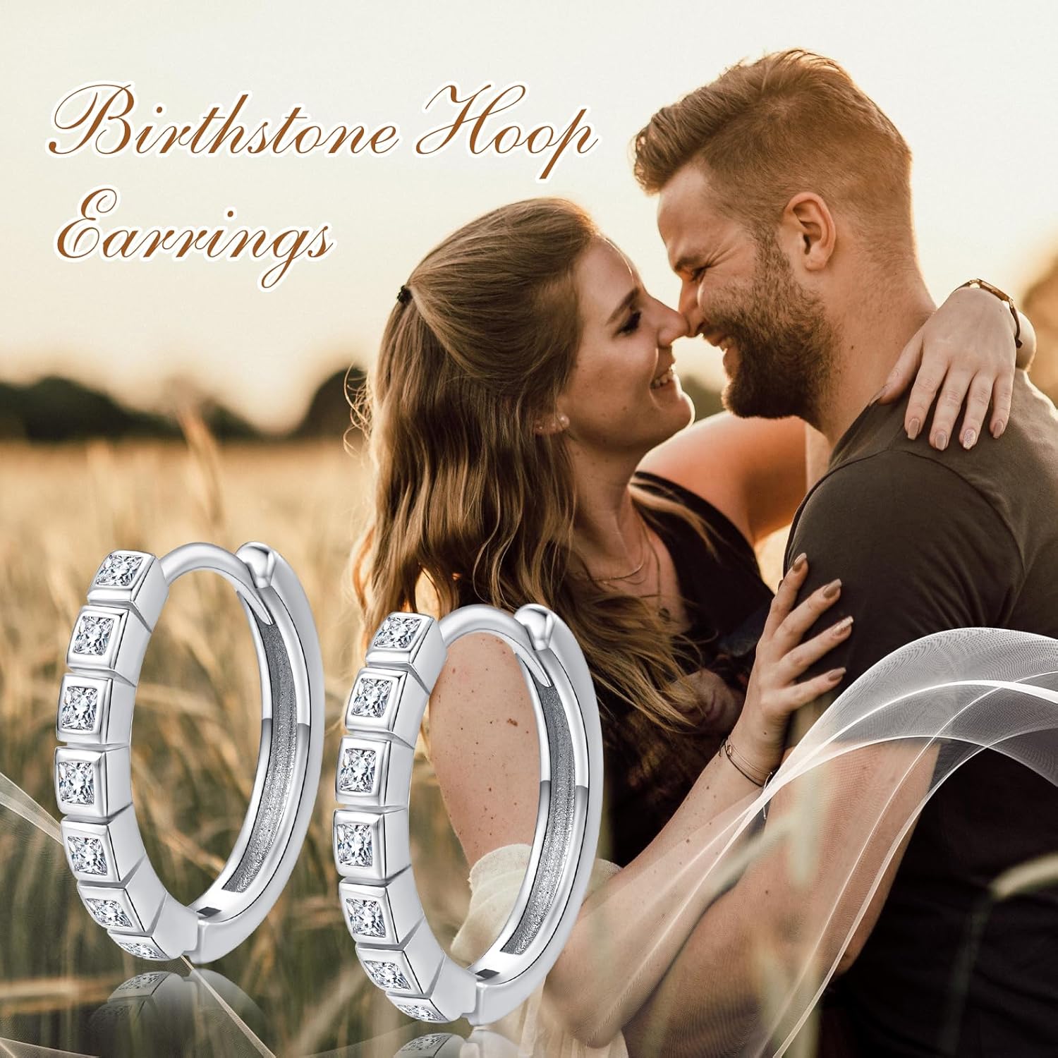 KINGWHYTE Baguette Earrings for Women 925 Sterling Silver Birthstone Hoop Earrings Cubic Zirconia Huggie Small Earring Birthday Jewelry Gifts for Girls Ladies