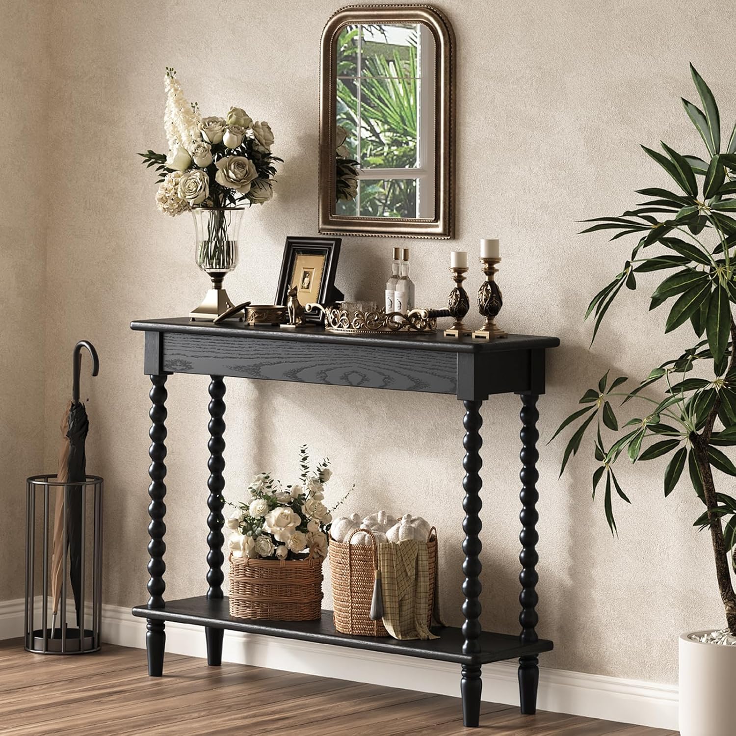 45'' Black Entryway Table, 100% Solid Wood Console Table with 2-Tier Storage, Vintage Spindle Leg, Narrow Entry Foyer Hallway Table, Sofa Table Behind Couch, No-Tool Assembly