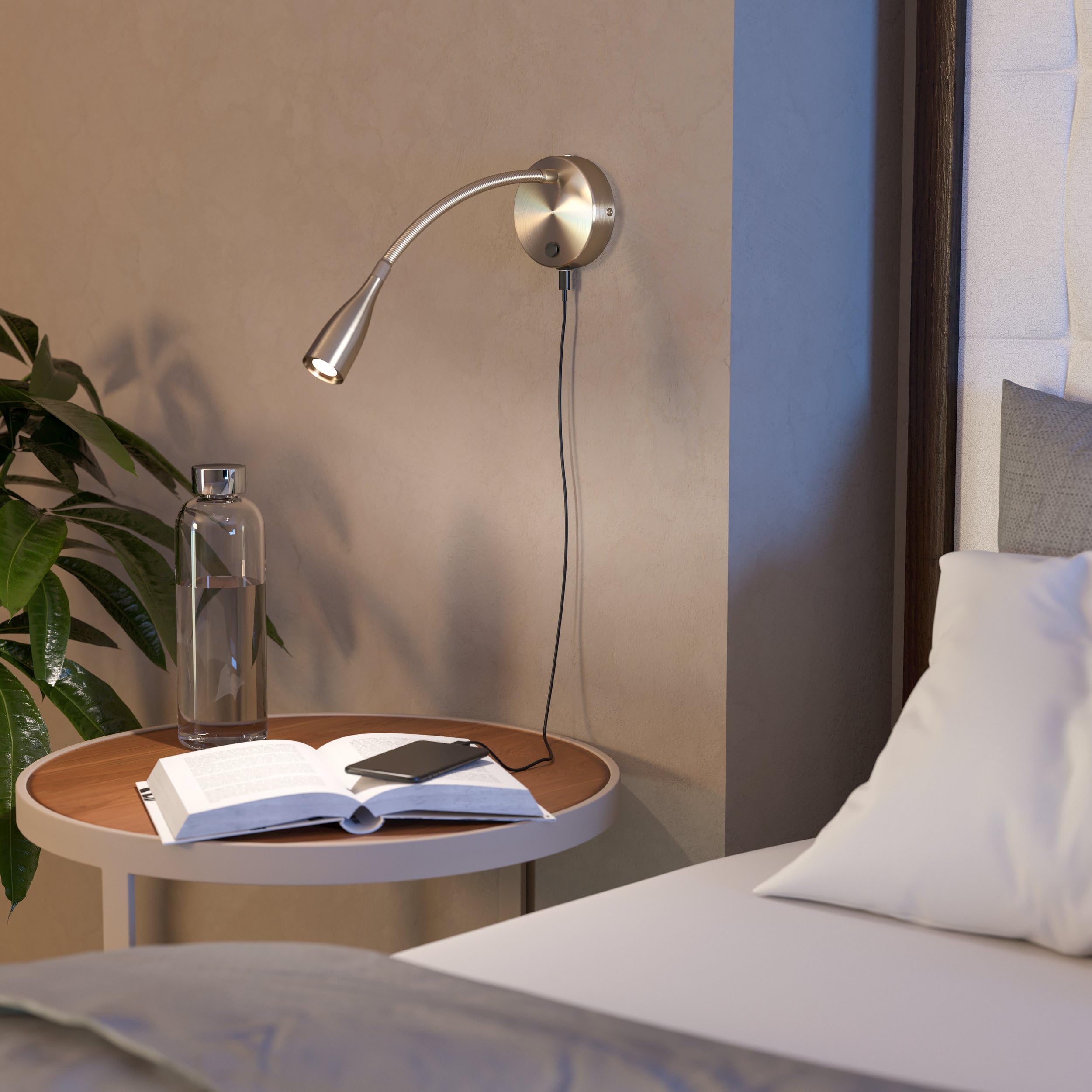 EGLO Applique murale intérieure LED Olivandino, fonction de charge USB | lampe de lecture avec bras articulé, luminaire pour salon et chambre, spot orientable en métal argenté, blanc chaud