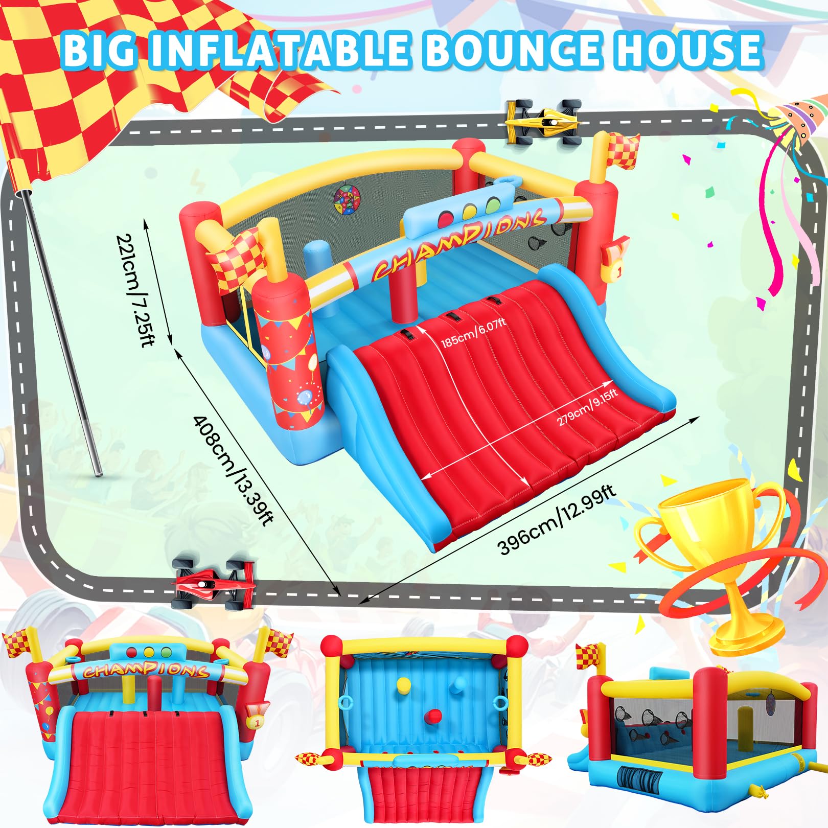 AKEYDIY Gran Casa de Rebote Inflable para Niños Grandes, Casa Hinchable con Tobogán Extra Ancho/Temas de Carreras de Escalada para Centro de Juego - Obstáculos de Patio Trasero, Castillo Hinchable