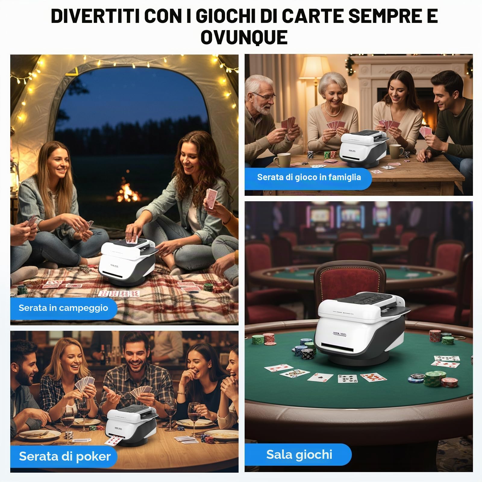 Mescolatore e Distributore Automatico di Carte 2 in 1, Distributore Carte da Gioco Automatico, Rotazione 360° per 1–8 Giocatori, Mischia Carte Ricaricabile e Silenzioso per Poker, UNO e Texas Hold'em