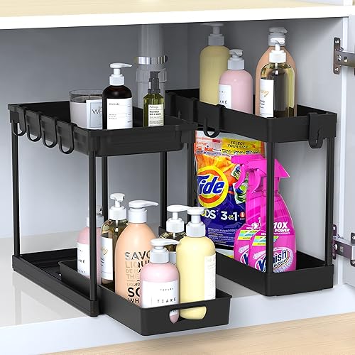 Miniatura 2 de Simple Houseware Organizador de almacenamiento estándar de 2 niveles para debajo del fregadero, color negro
