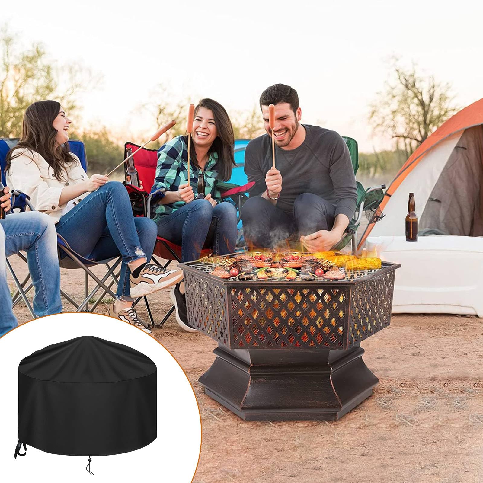 Copertura Impermeabile per Braciere Rotondo 90x60cm, Upgraded 420D Oxford Grande Copertura per Pozzo del Fuoco da Giardino Copri Barbecue Telo Protettivo BBQ Impermeabile, Nero