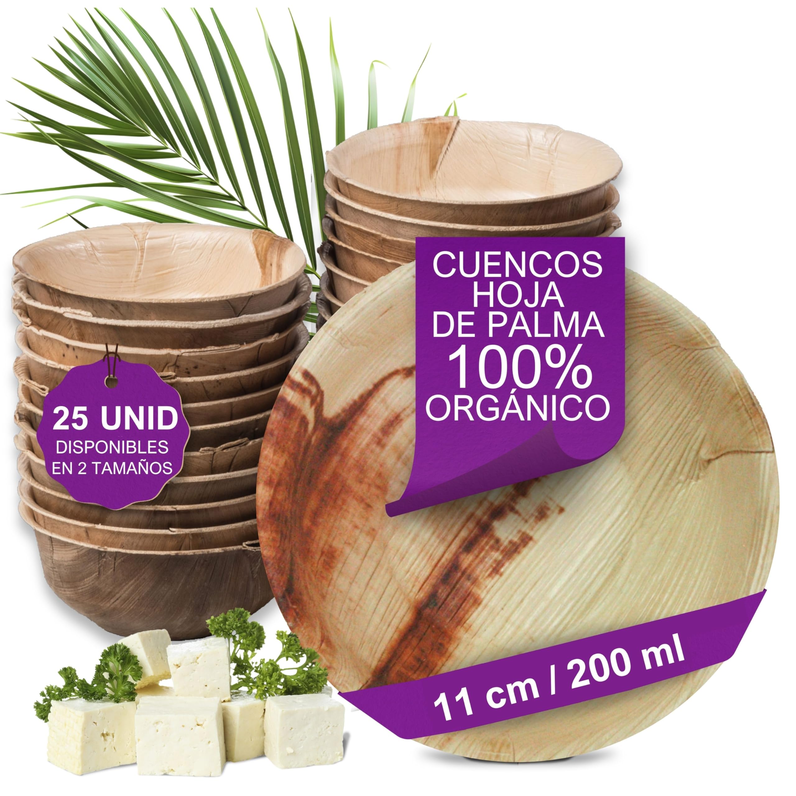 25 Cuencos Desechables de Hoja de Palma Orgánicos - 11 cm/ 200 ml - Vajilla Ecológica Elegante - Estable, Natural y Compostable - Menaje para Aperitivos o Fiestas - Estilo Madera