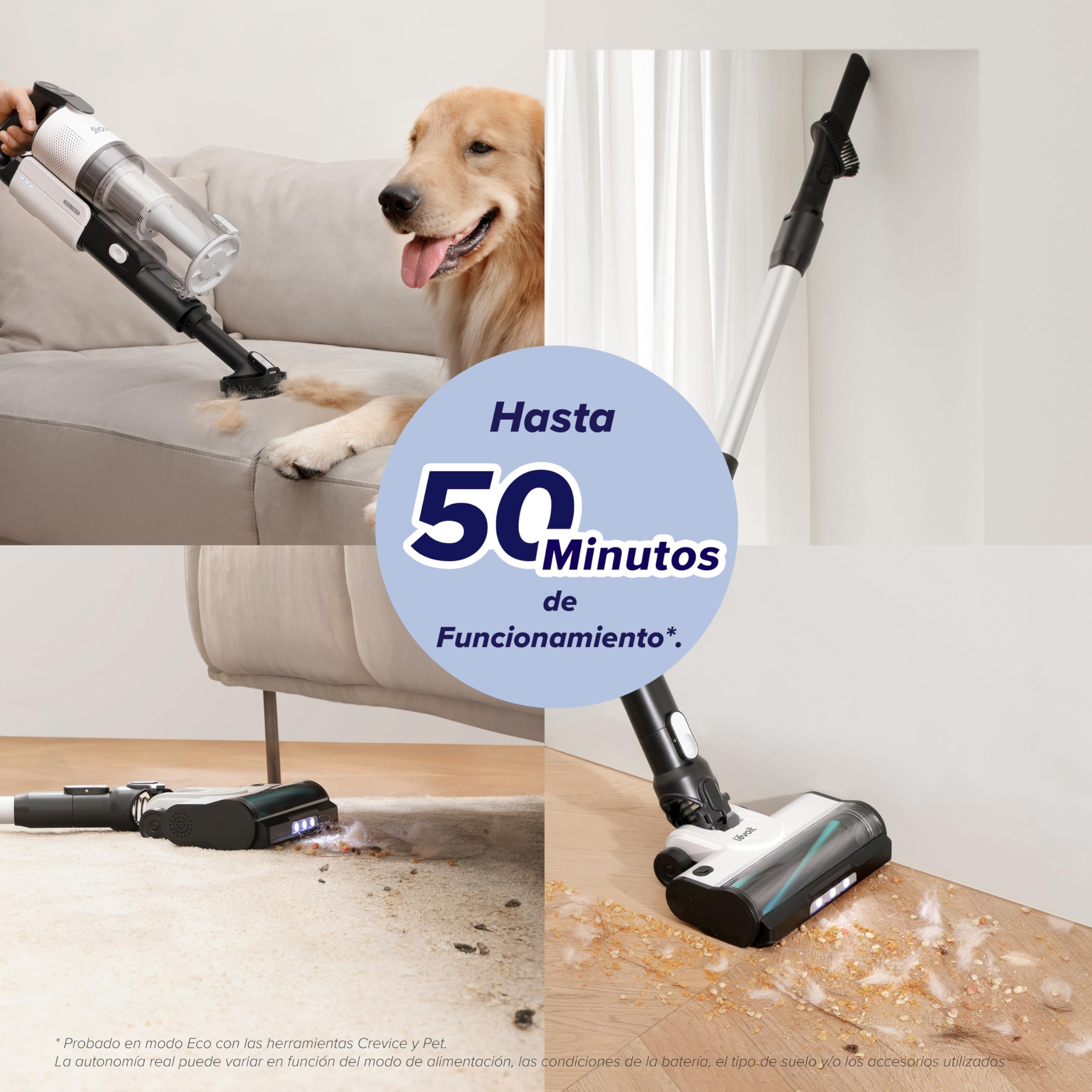LEVOIT Aspiradora sin Cable, Anti-Enredos, Aspirador Escoba Max 50min, Aspirador sin cable 4 en 1 con Batería Extraíble, 99,9% de Filtración，Aspirador para Mascotas/Alfombras/Coche/Suelos Duros