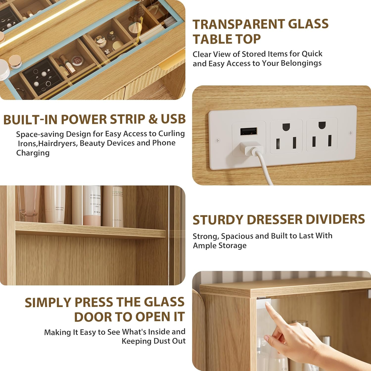 Close-up of the built-in power strip with two AC outlets and one USB port, and a transparent glass tabletop revealing organized storage underneath.