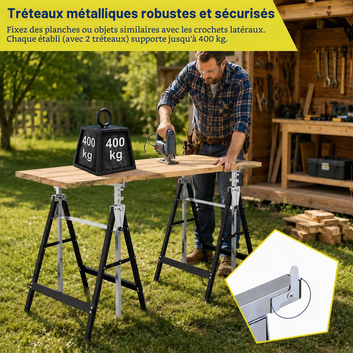 Fiqops Lot de 2 Tréteaux de Travail Pliables, Hauteur Réglable 80–130 cm sur 7 Positions, Charge Max. 400 kg par Paire, Tréteaux en Acier avec Verrouillage de Sécurité, Noir