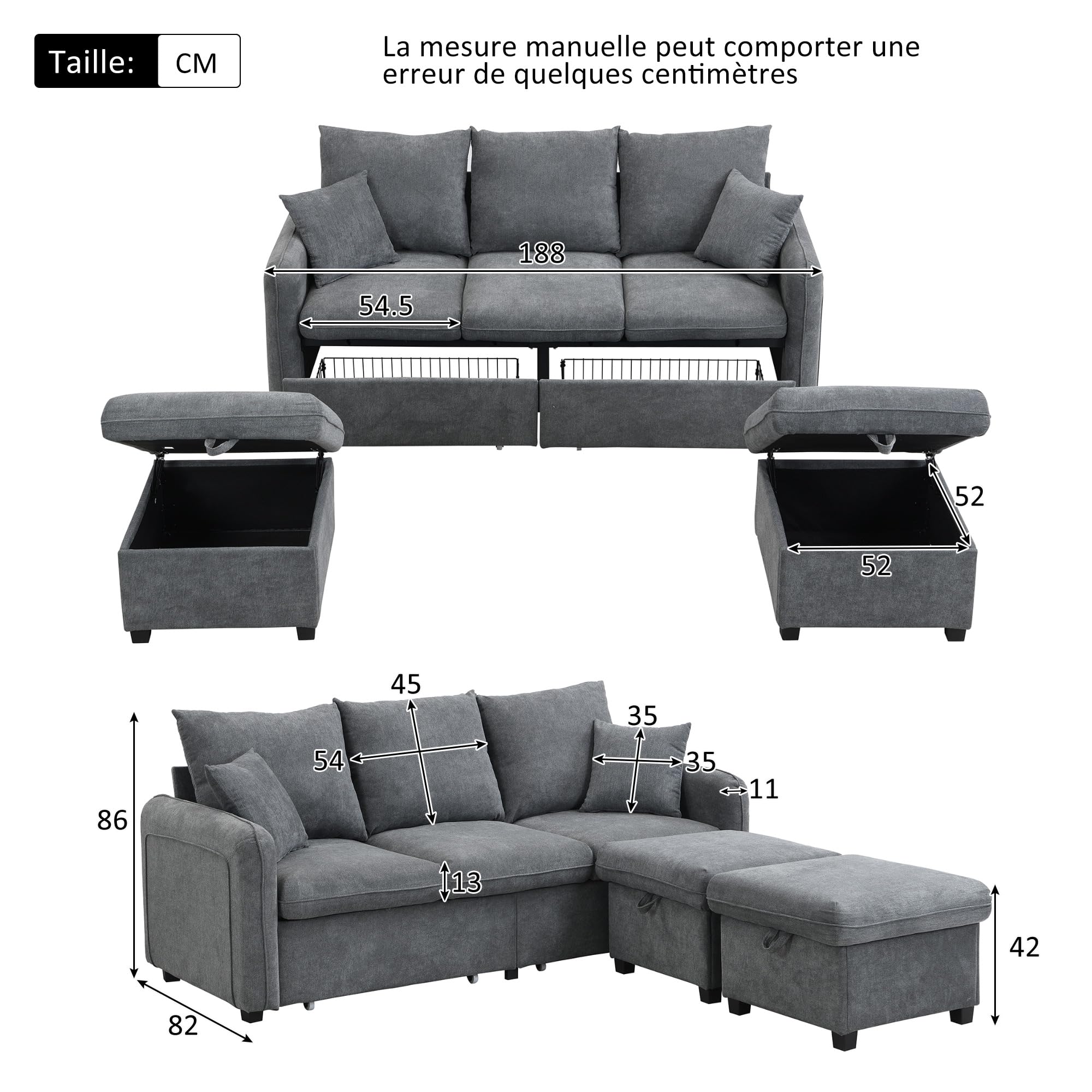 Sofa tapicerowana z miejscem do przechowywania – łącznie z szufladami + taboretem ze schowkiem, modułowo rozkładana sofa narożna, materiał sztruksowy (ciemny szary)
