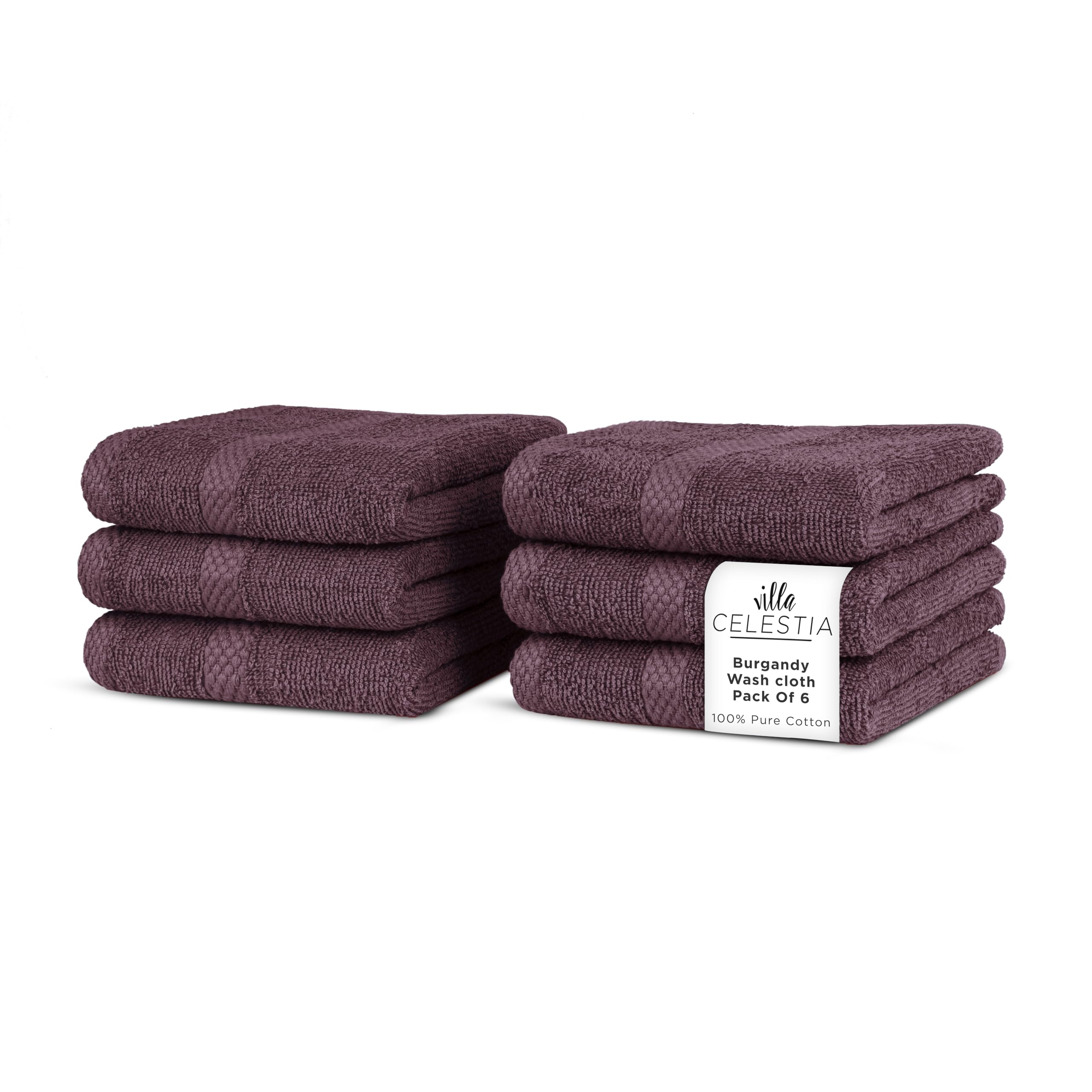 Villa Celestia Cotton Washcloths Set of 6, 12x12 Inch, 100% Ring-Spun Combed Cotton, Soft Absorbent Quick-Dry Wash Cloths for Face and Body, Oeko-TEX Certified, Hotel &amp; Spa Quality, Burgandy
