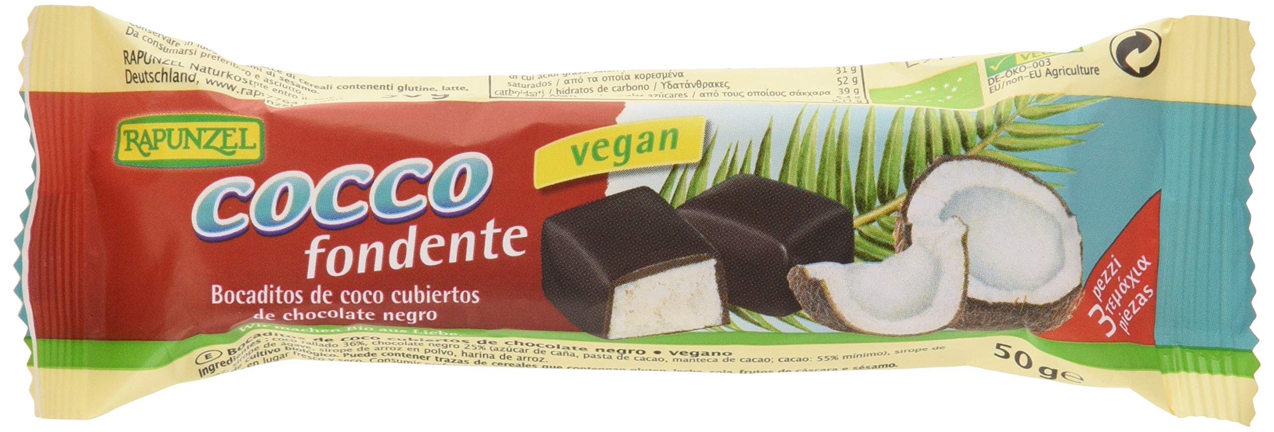 RAPUNZEL BARRITA DE COCO con chocolate – snack prêt à consommer entre les repas, poids 50 g, idéal comme encas au cours de la journée et devient un allié fiable dans la routine de tous les jours. et e