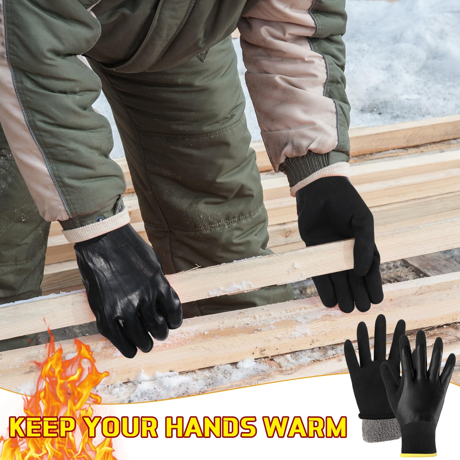 Sintuff 15 pares de guantes de trabajo impermeables para hombre, guantes de trabajo de invierno aislados con agarre de arena, guantes de congelador para trabajo al aire libre (negro, L)