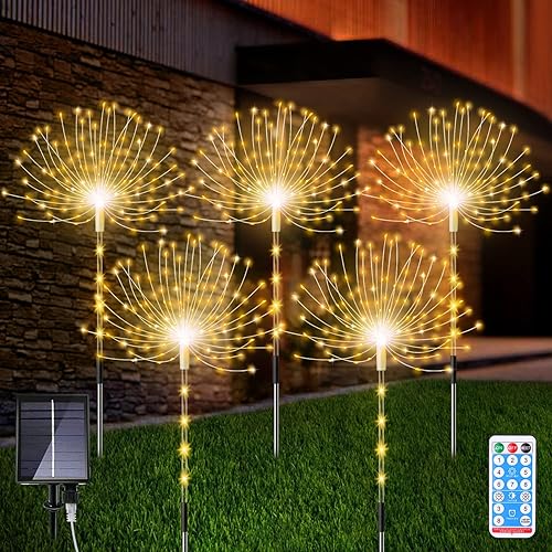 AOFLICT Luces solares de jardín, paquete de 5 luces solares de fuegos artificiales con control remoto, 126 LED 8 modos de luces decorativas para