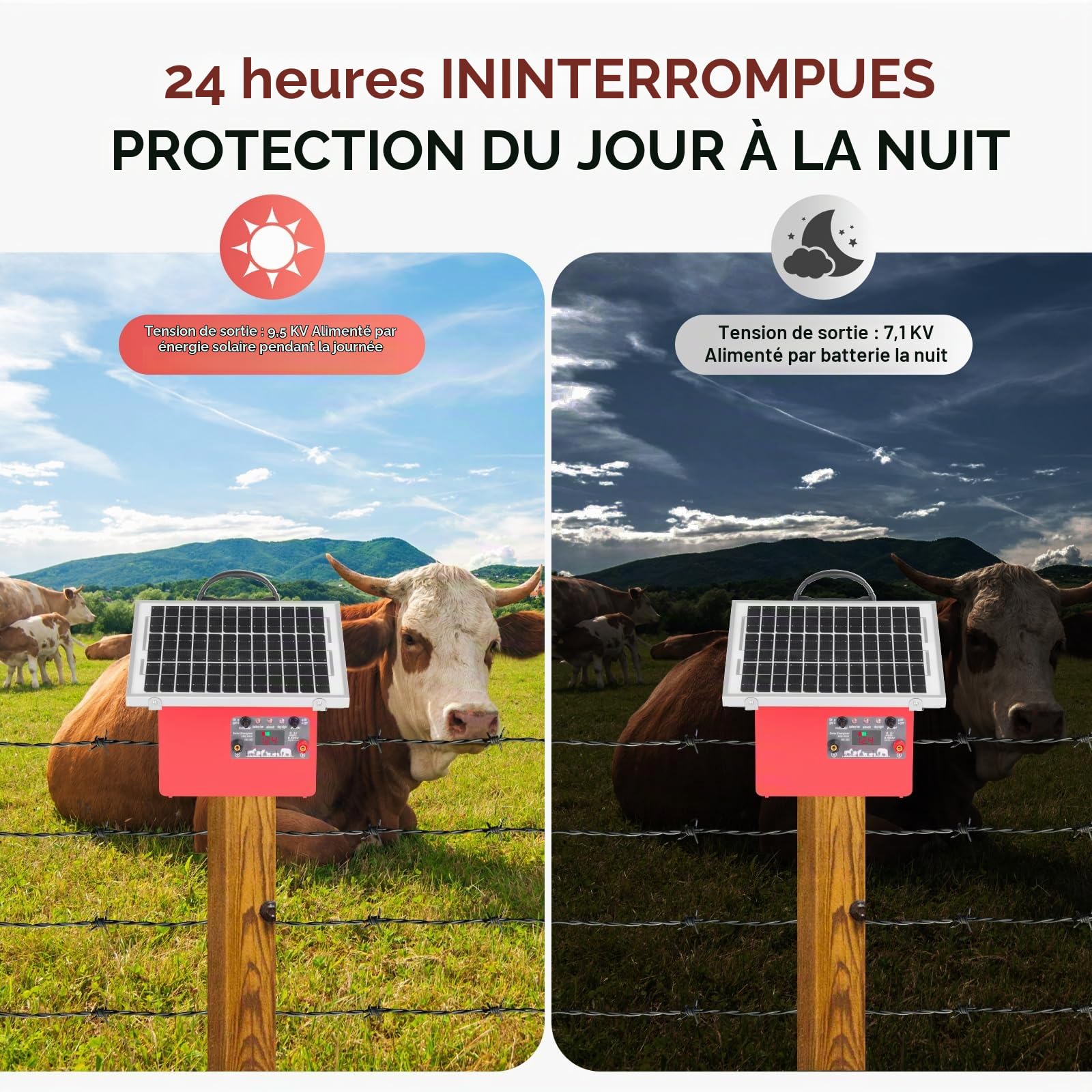 32KM cloture electrique solaire cloture electrique, 9,5 kV berger électrique Contrôleur pour chevaux, clôture électrique 0,5 J pour élevage d'animaux de berger, pour ferme, pâturage, jardin (Red)