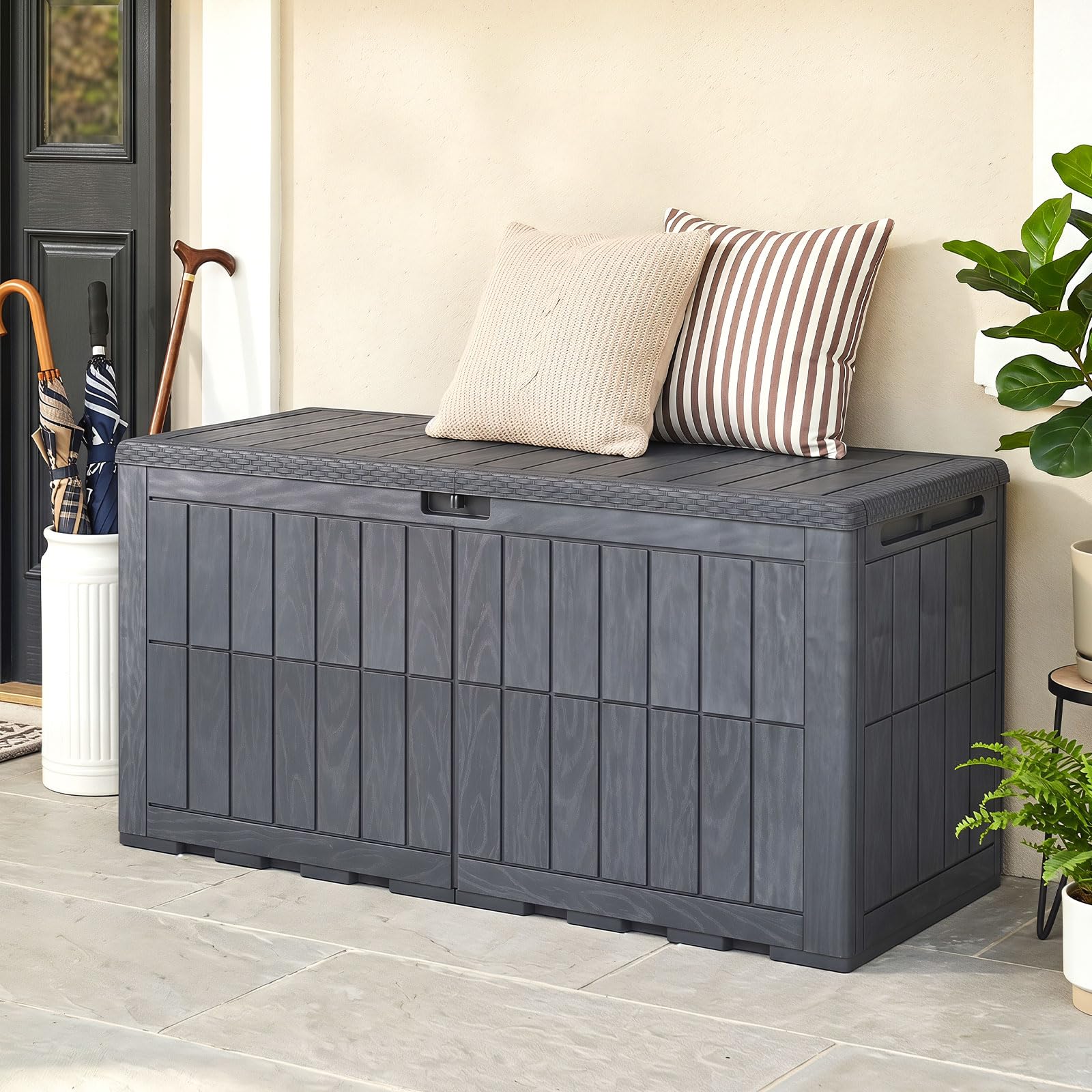 COSTWAY Gartenbox Outdoor mit abschließbarem Deckel (Grau,455 L) | Aufbewahrungsbox mit Gasdruckfedern & Griffen, wetterfeste Auflagenbox Kissenbox für Garten, Terrasse & Balkon