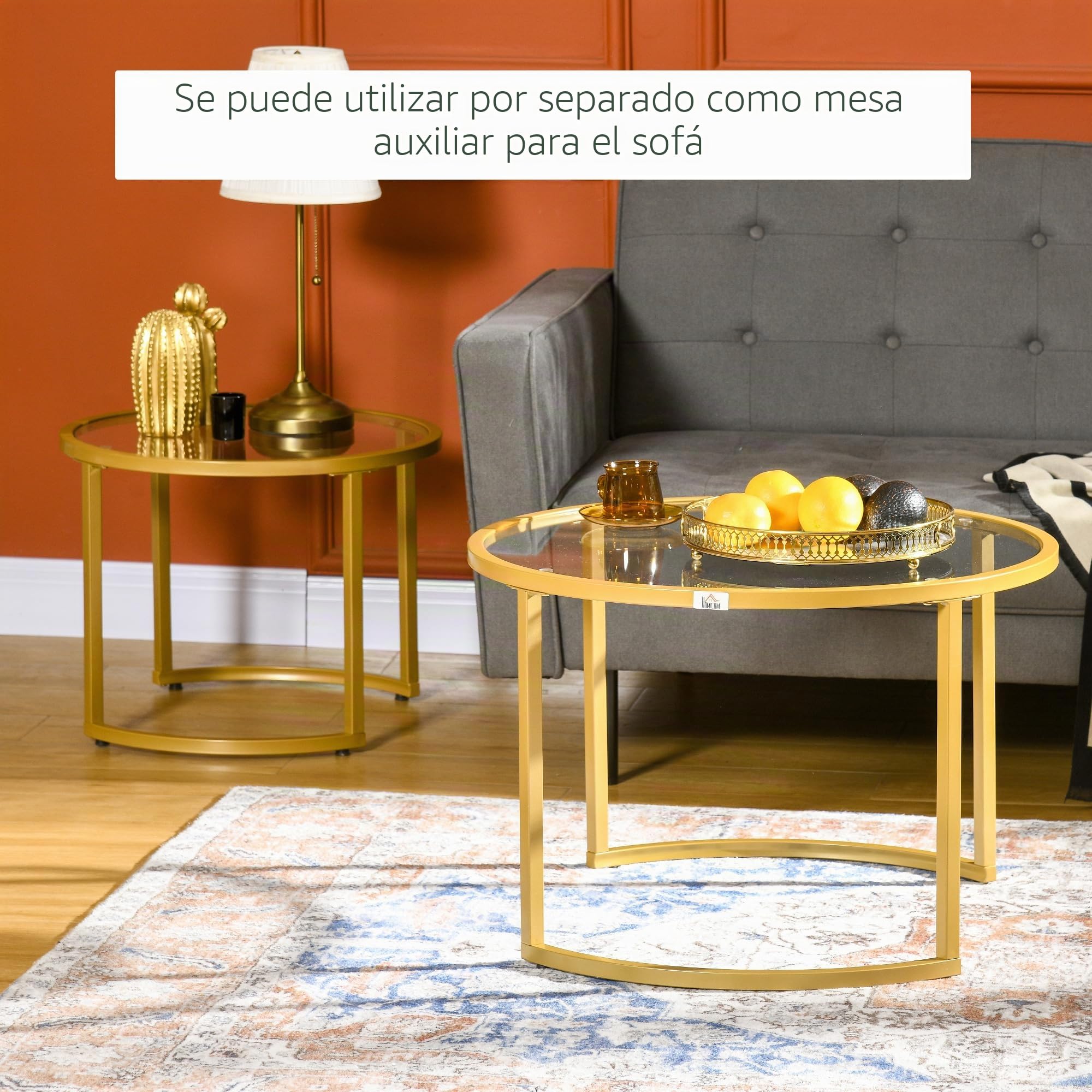 HOMCOM Set 2 mesas café sobre Vidrio Templado, Estructura Acero, Dorado | Mesas nido modernas para salón