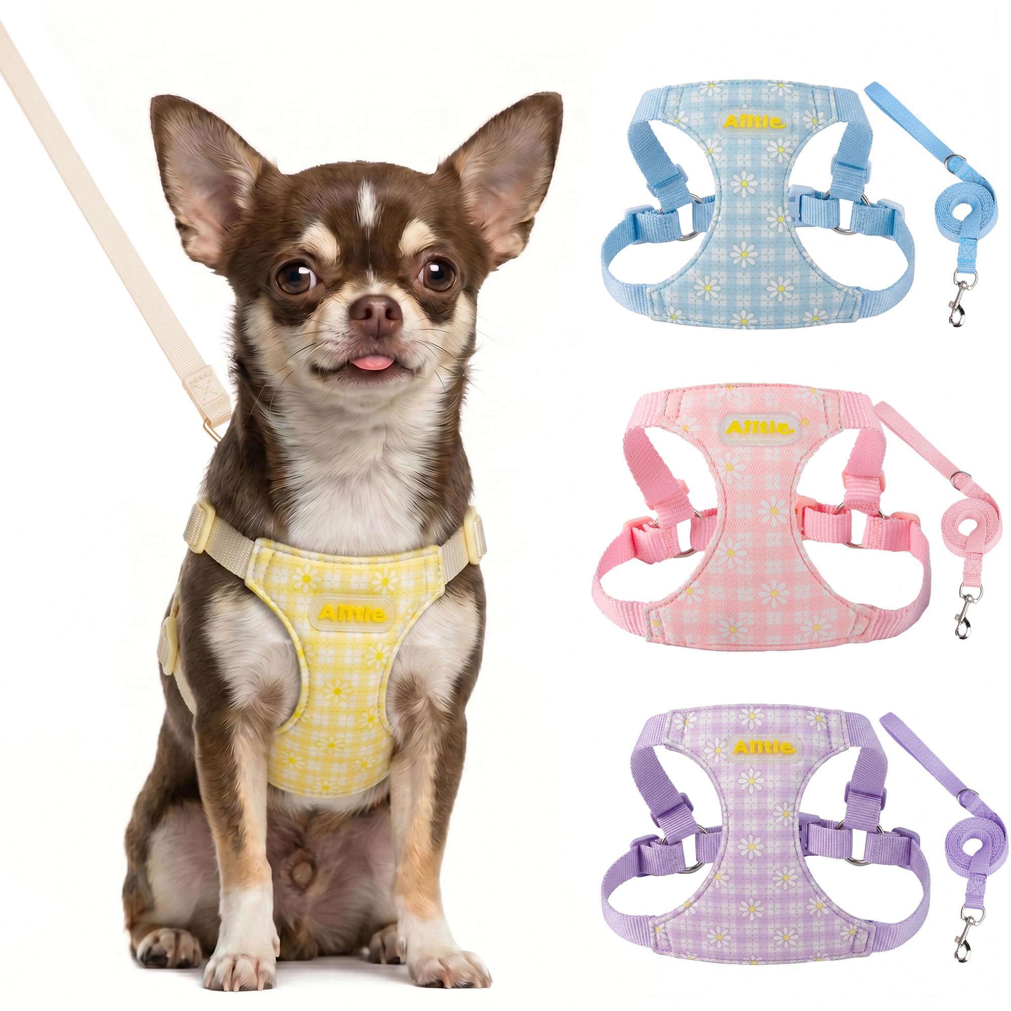 AIITLE Small Dog Vest Harness and Leash Set, Step in No Pull Dog Harness with Adjustable No Choke Design, Breathable Soft Daisy Pattern Puppy Harness for Walking, for Small Medium Dogs – Yellow XS