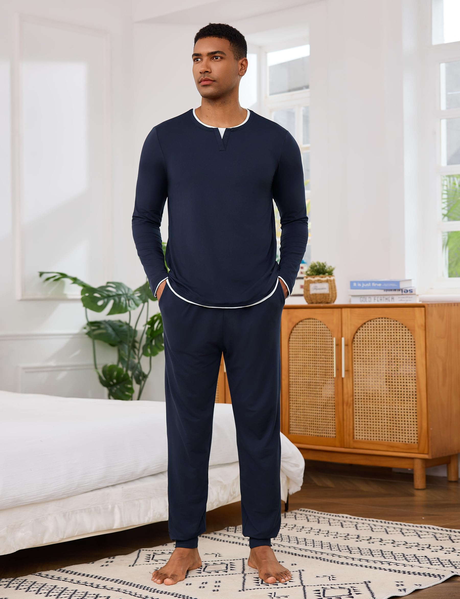 Jahetuul Pigiama Uomo Invernale Caldo Cotone Lungo Pigiami Due Pezzi da Uomo Maniche Lunghe Top con Design a Colletto Multistrato Lunghi Pantaloni con Tasche e Coulisse