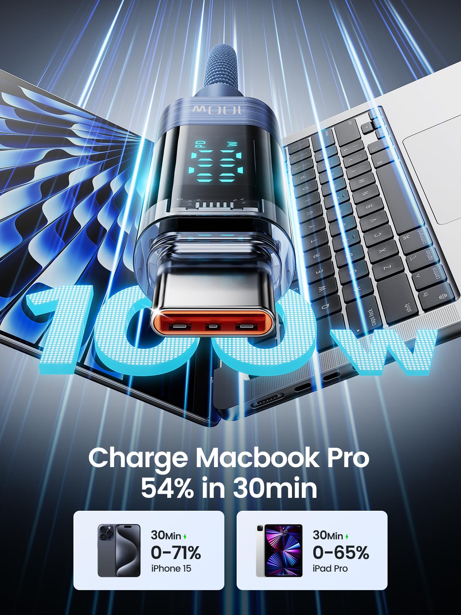 toocki 100W USB C to USB C Cable, 3.3FT 5A Fast Charging USB C Cable with LED Display, Nylon Braided Type C Cable for iPhone 15/Pro/Plus/Pro Max, MacBook, iPad Pro/Air, Samsung S23/S22,Google Pixel Product Image 2