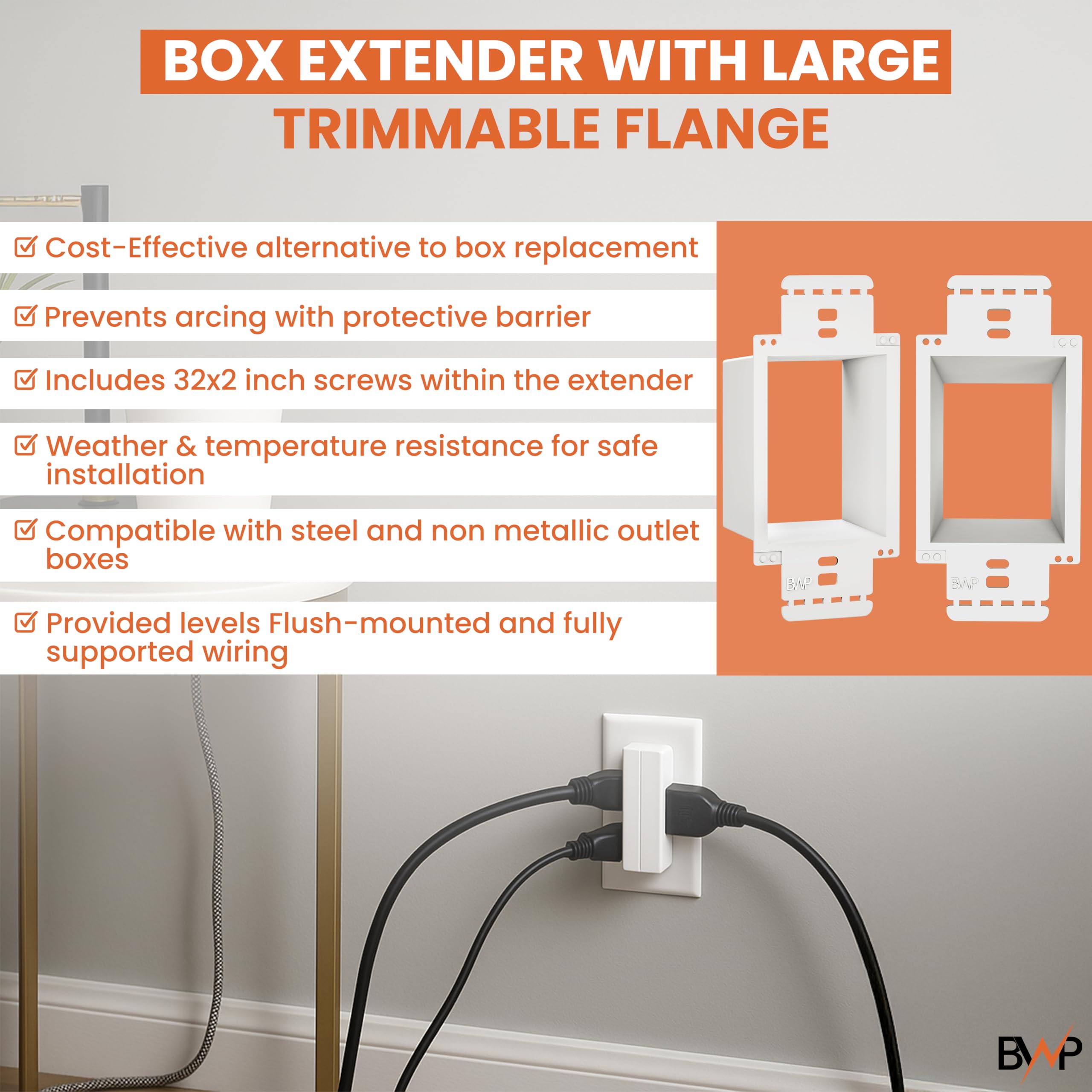 BWP Extensor de caja de toma de corriente eléctrica de 1 banda, paquete de 2 unidades, kit extensor modular de PVC resistente, resistente a la intemperie y resistente al fuego, incluye 4 tornillos