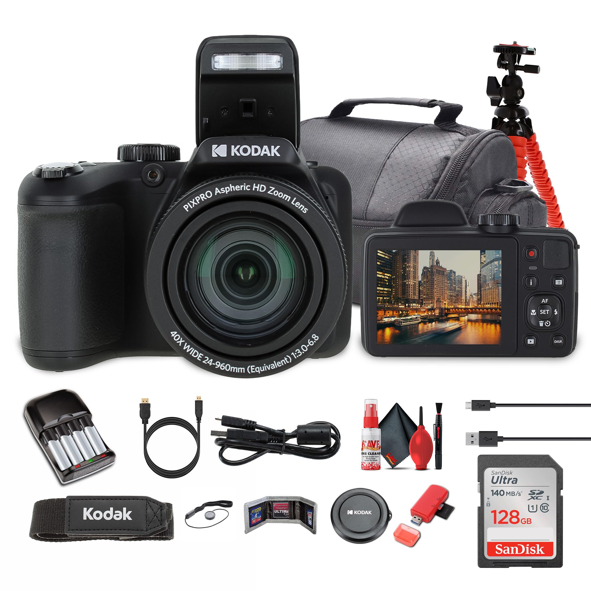 Kodak Pixpro AZ405 Digital Camera in Black (AZ405BK) Bundle Including: 128 GB Memory Card, Rechargeable Batteries, Case, Flexible Tripod, Neck Strap, Lens Caps, Full Cleaning Kit, More Accessories-picture-15