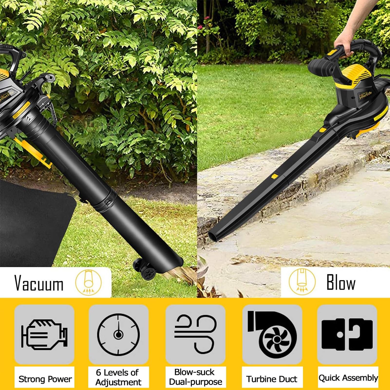 Soplador, aspiradora y trituradora de Hojas de 3800 W, Ajuste de 6 velocidades, aspiradora eléctrica for soplador de jardín, Bolsa recolectora de Hojas de 40 l