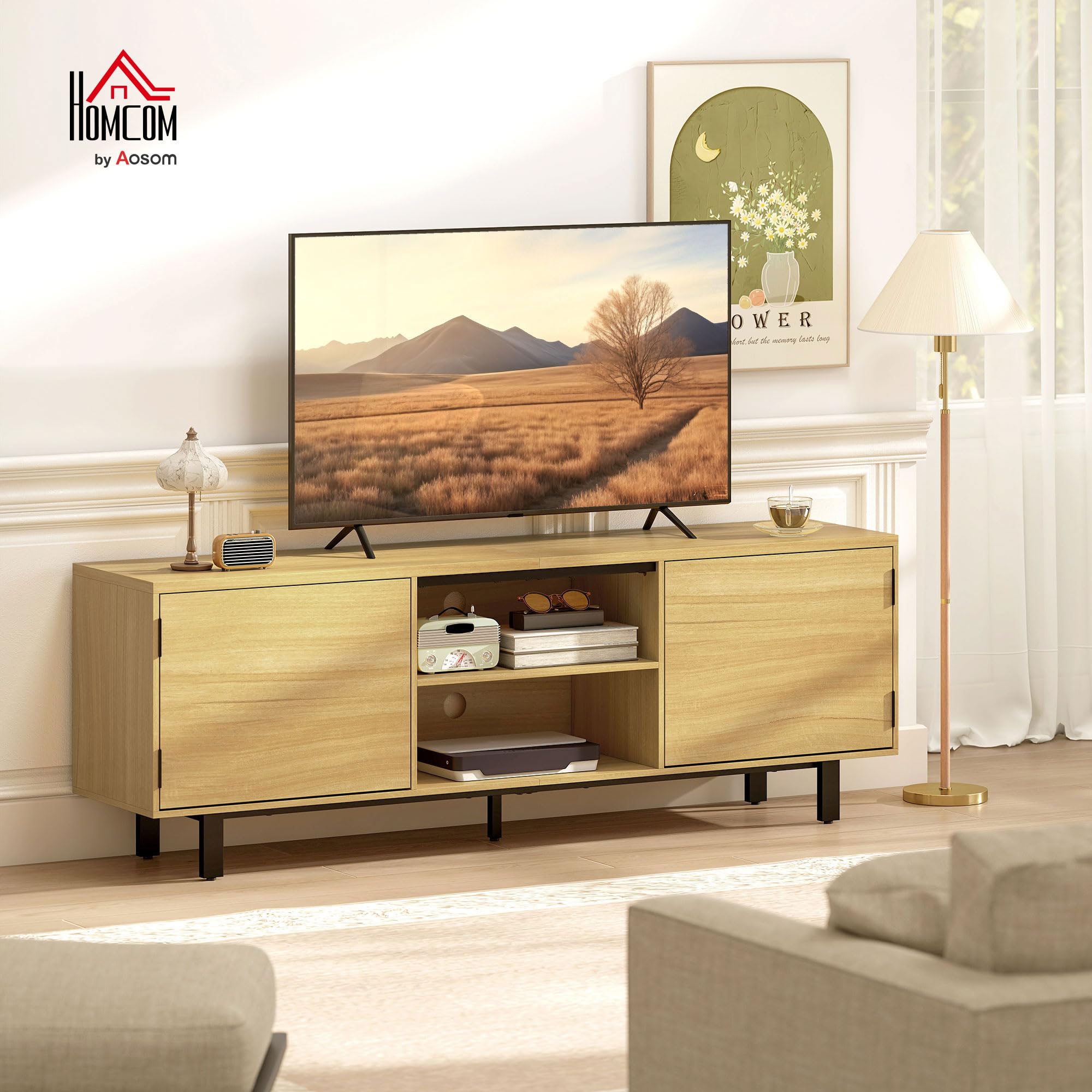 Soporte de TV HOMCOM 160 cm, soporte de TV para televisores de hasta 65" con 2 puertas y 2 estantes abiertos, patas de metal, banco de TV para salón, dormitorio, madera natural