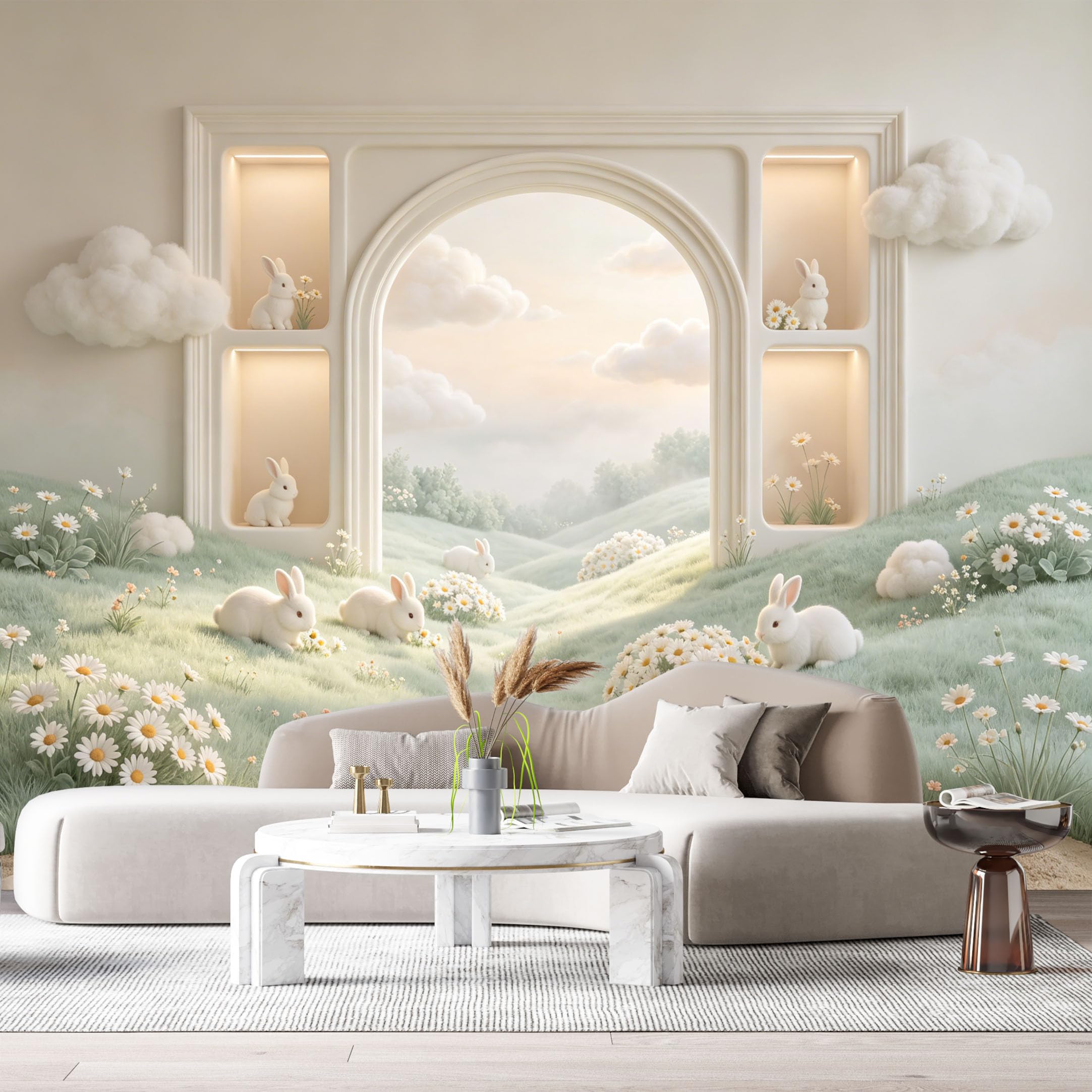 Custom Size Wall Murals White Rabbit Daisy Field Landscape 3D Trompe L'Oeil SelfAdhesiveWall Fabric Removable Wallpaper Wall Decor for Living Room Bedroom Bathroom