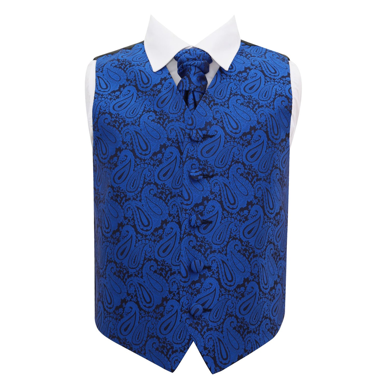 Dqt Boys Royal Blue Paisley Floral Waistcoat & Cravat Set (2Pc) - Wedding Party & Formal - 34" (13–14 Years)