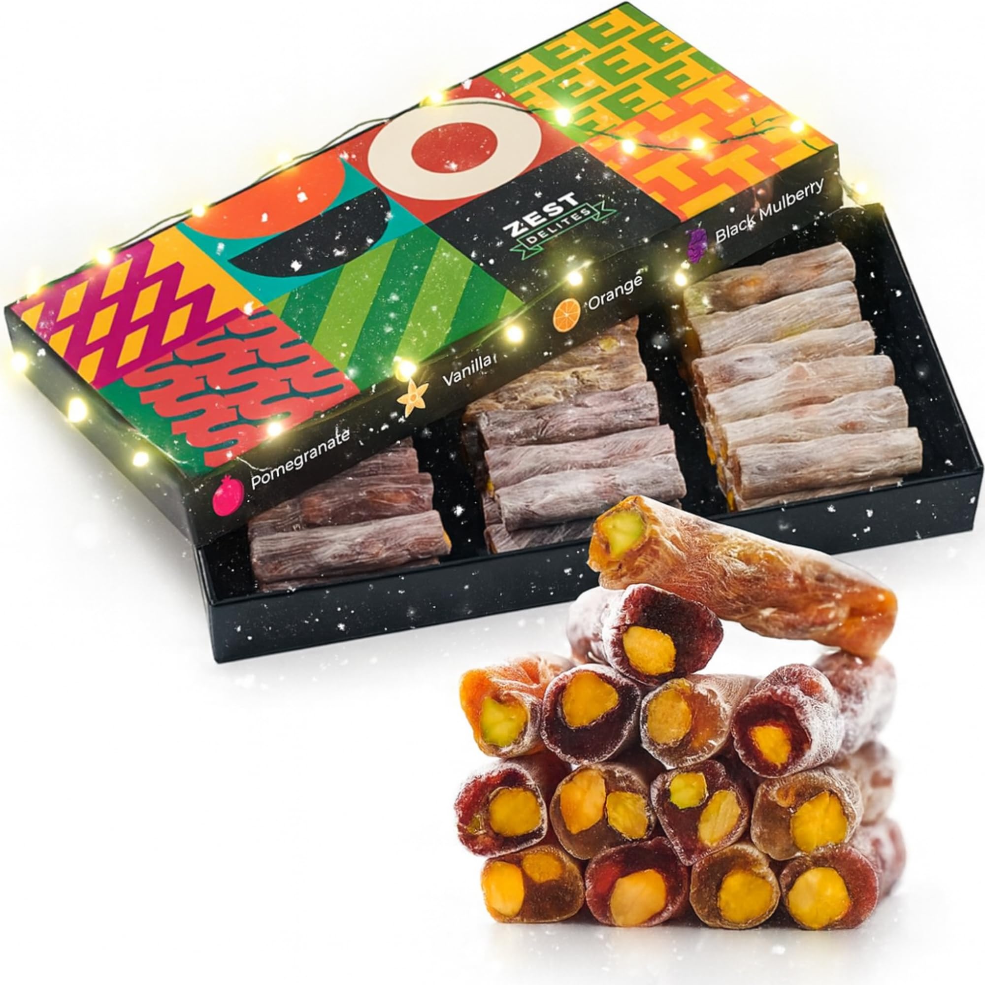 Zest Delites Gourmet Vegan Food Gift Box - Turkish Delight Candy Box, Fruit Ingredients; Orange, Vanilla, Pomegranate, Black Mulberry and Pistachio Nuts