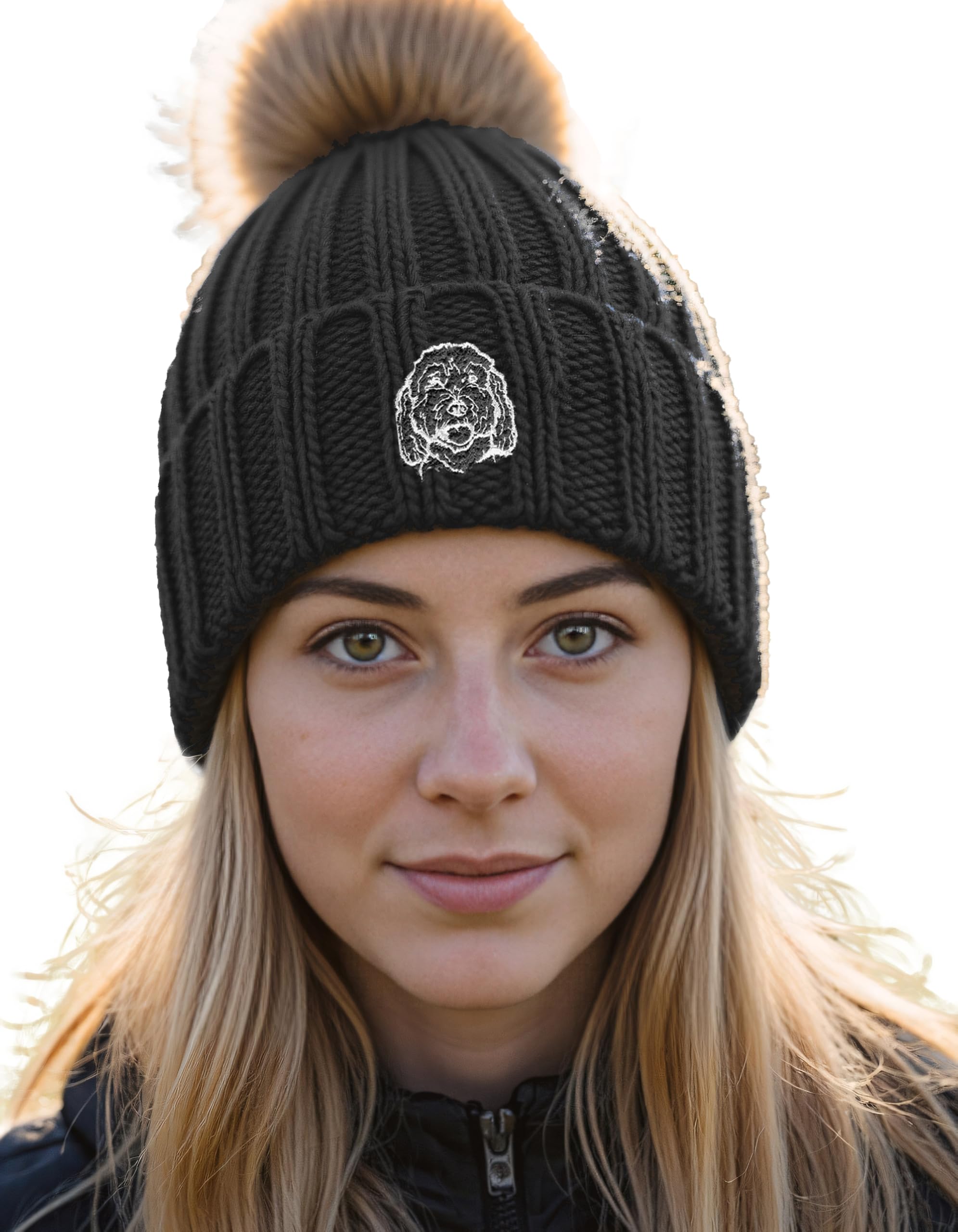The House Of Dog Unisex Black The House Of Dog: Cockapoo Owner Gift. Faux Fur Pom Pom Chunky Knit Super Soft Embroidered Beanie
