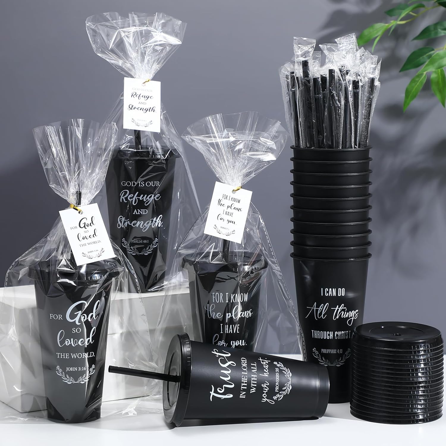 Skylety 60 Sets Easter Christian Cups Bulk 24oz Bible Verse Plastic Tumbler with Lids Straws Religious Church Gift for VBS Sunday School Party Employee Appreciation Mother Day (Black) - Image 3