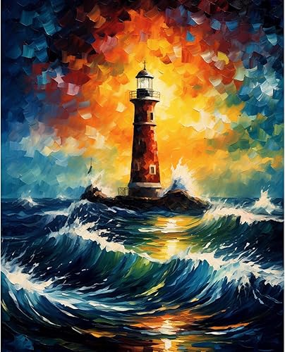 Faro por la noche, kits de pintura por números con pinceles, paisaje de mar tropical, pintura al óleo acrílica para adultos y niños, imágenes