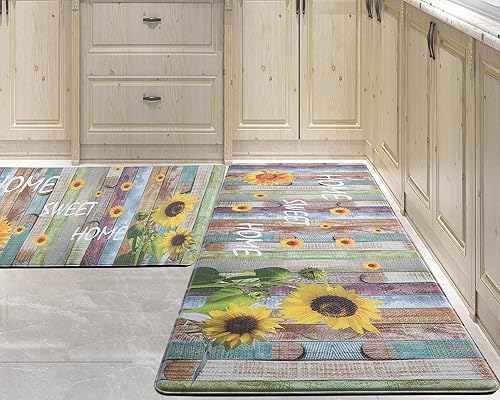 PCSWEET HOME Juego de 2 alfombrillas de cocina con diseño de girasol antideslizantes gruesas para mayor comodidad en el suelo para cocina fregadero