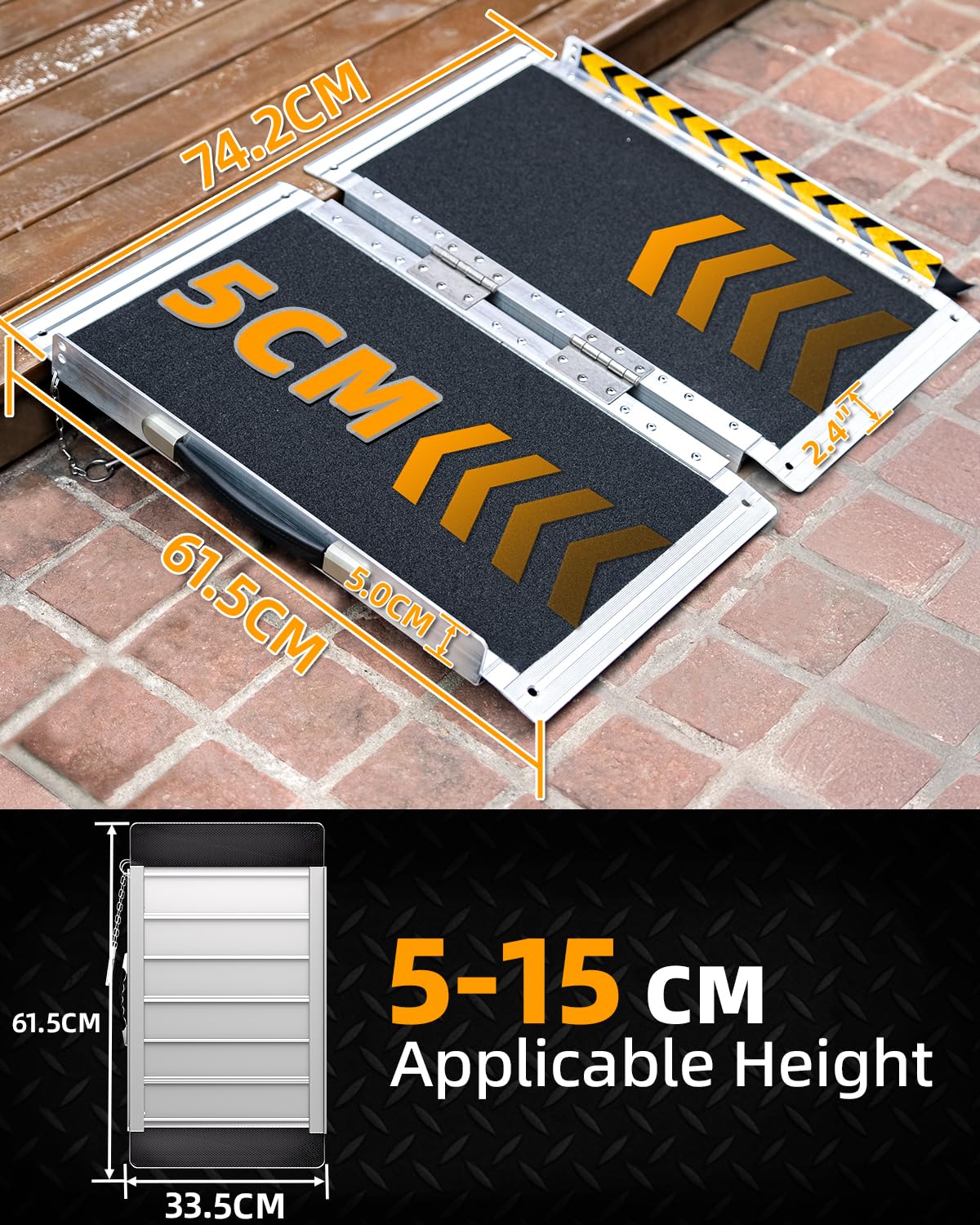 Rollstuhlrampe 61CM, Belastbar bis 363KG, rutschfeste Aluminium Klappbar Rollstuhl Rampe mit Carborundum Belag für Stufen, Türschwelle, Bordsteine, Treppen und Autos