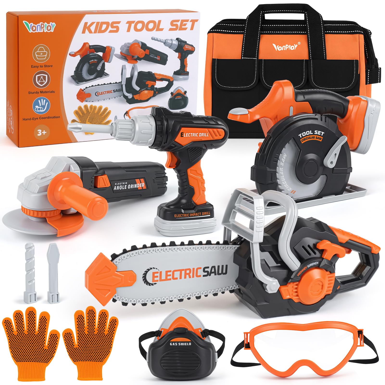 Vanplay Deluxe Model Children's Toy Tool Box Toy Gift for Toddlers Ages 3 4 5 with Drill, Chainsaw, Angle Grinder, Circular Saw, Bag
