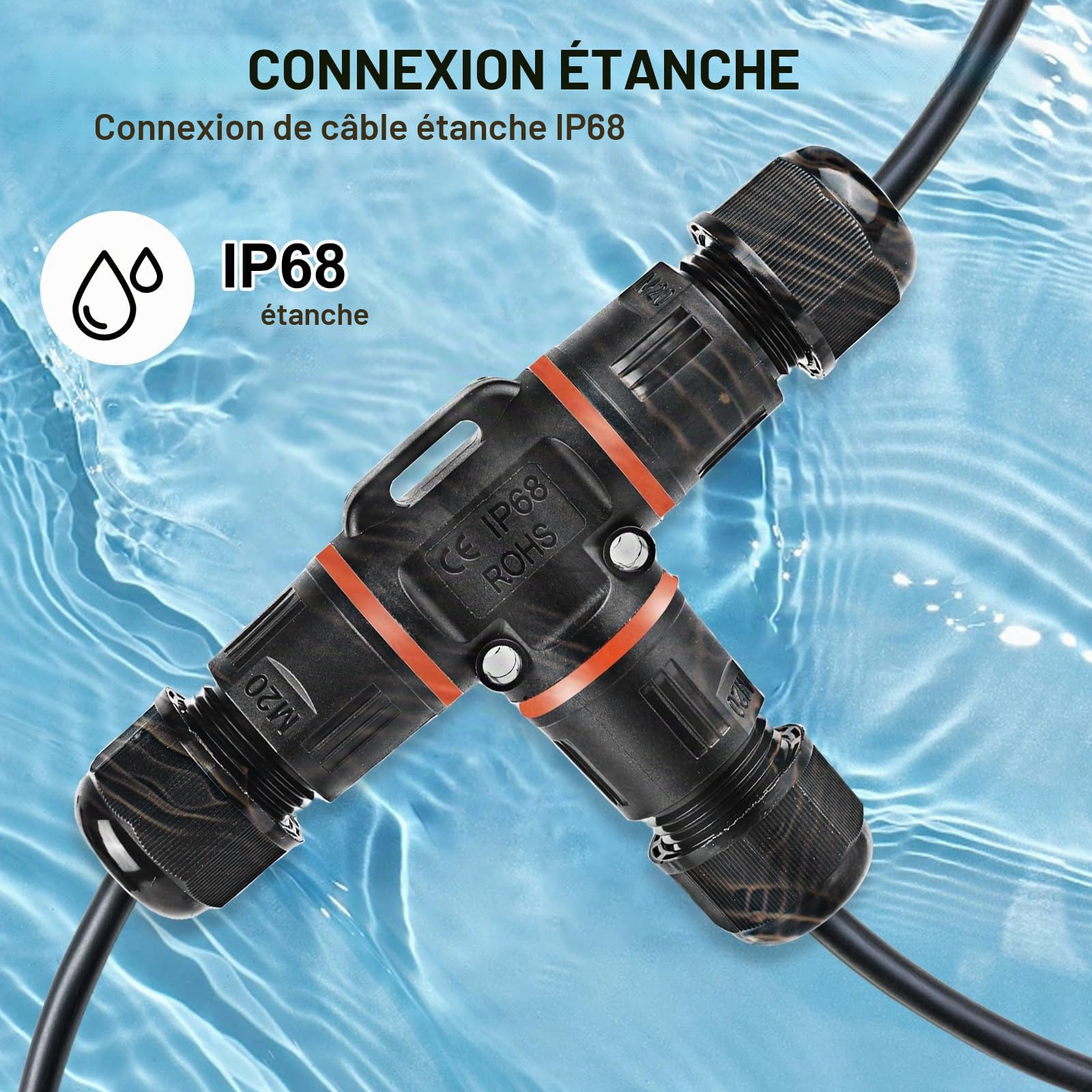 Connecteur de câble à 3 broches, IP68, boîte de jonction pour câble de terre de 3 à 12 mm de diamètre, boîte de jonction extérieure étanche, noir